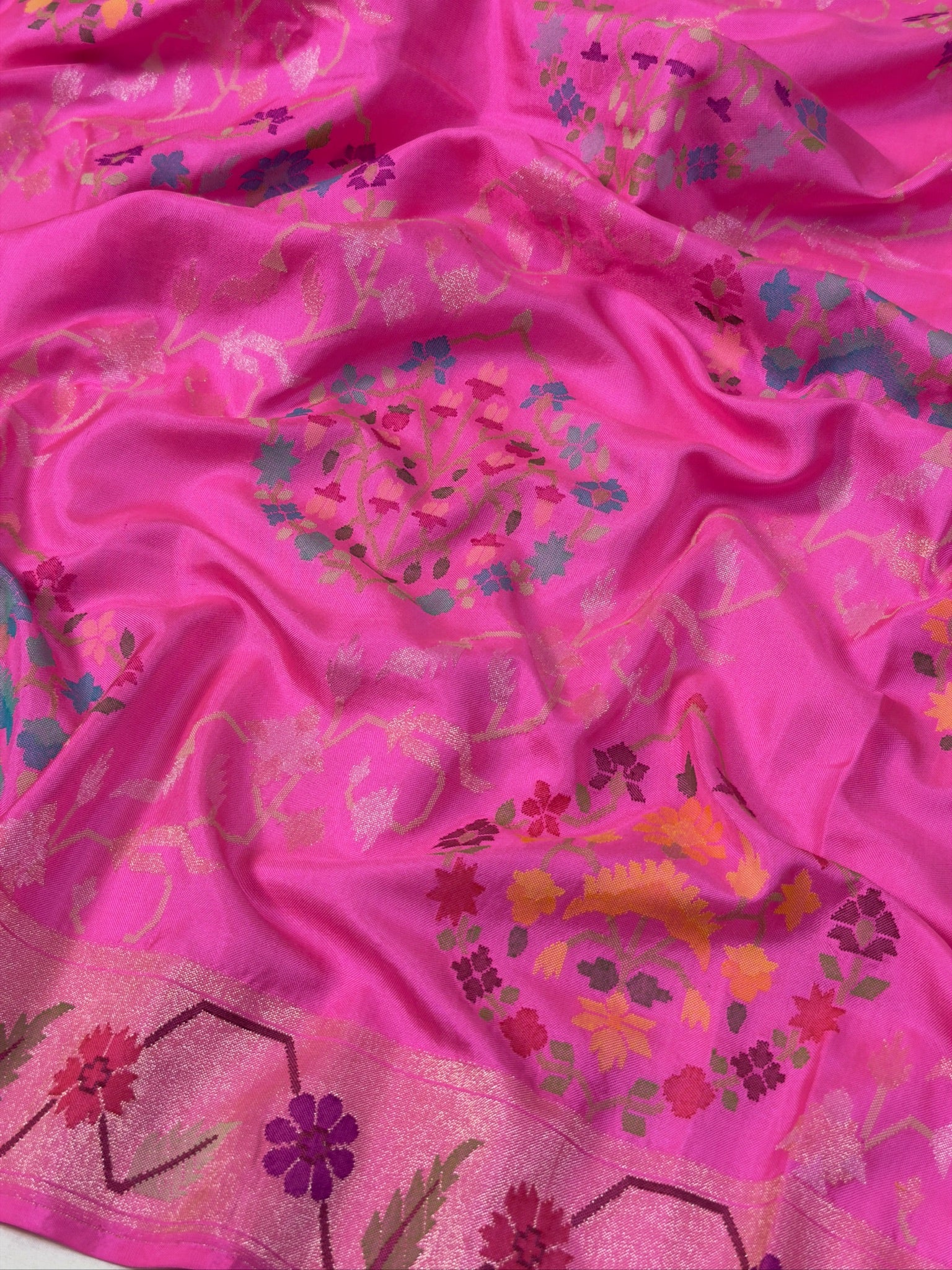 Hot Pink Pure Real Zari Ektara Silk Jamdani Saree with Floral Weaving
