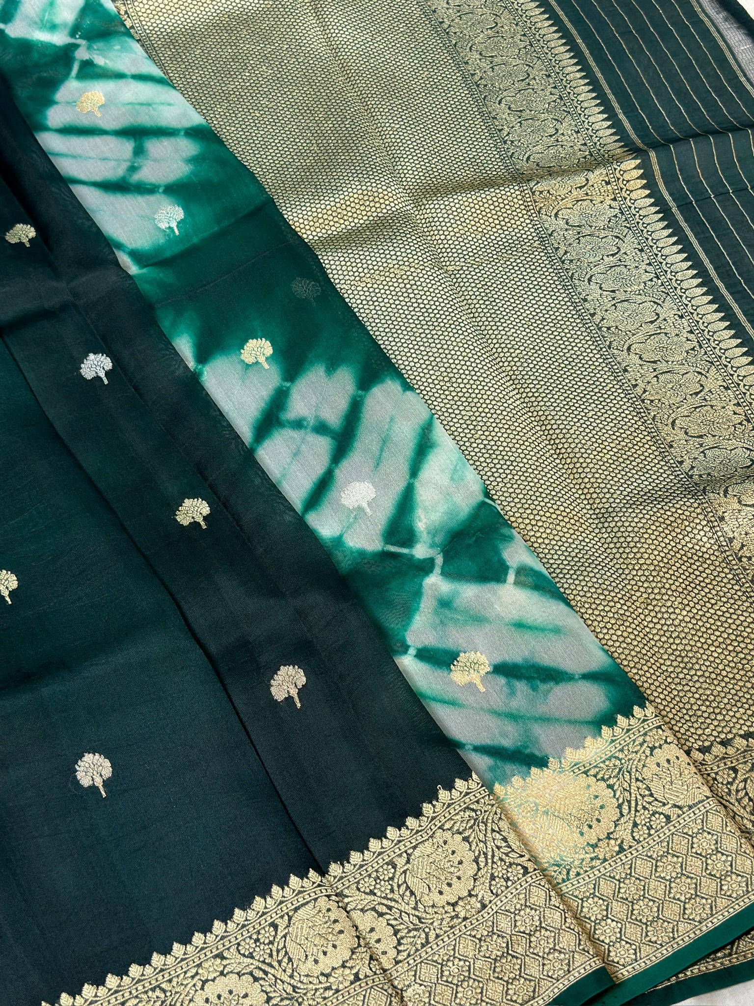 Bottle Green Handwoven Kora Silk Saree with Hand-Brush Dyeing & Zari Border