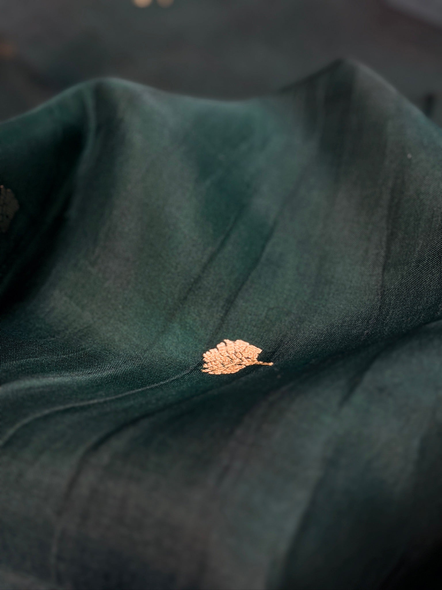 Bottle Green Handwoven Kora Silk Saree with Hand-Brush Dyeing & Zari Border