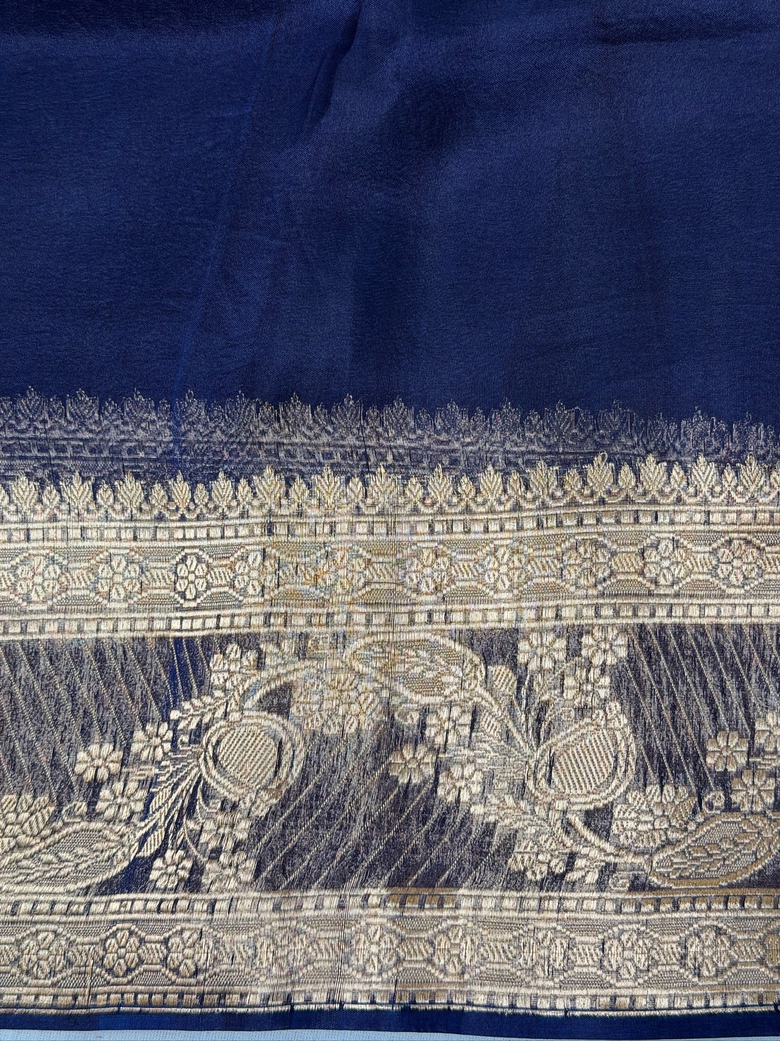 Blue Handwoven Kora Silk Saree with Hand-Brush Dyeing & Zari Border