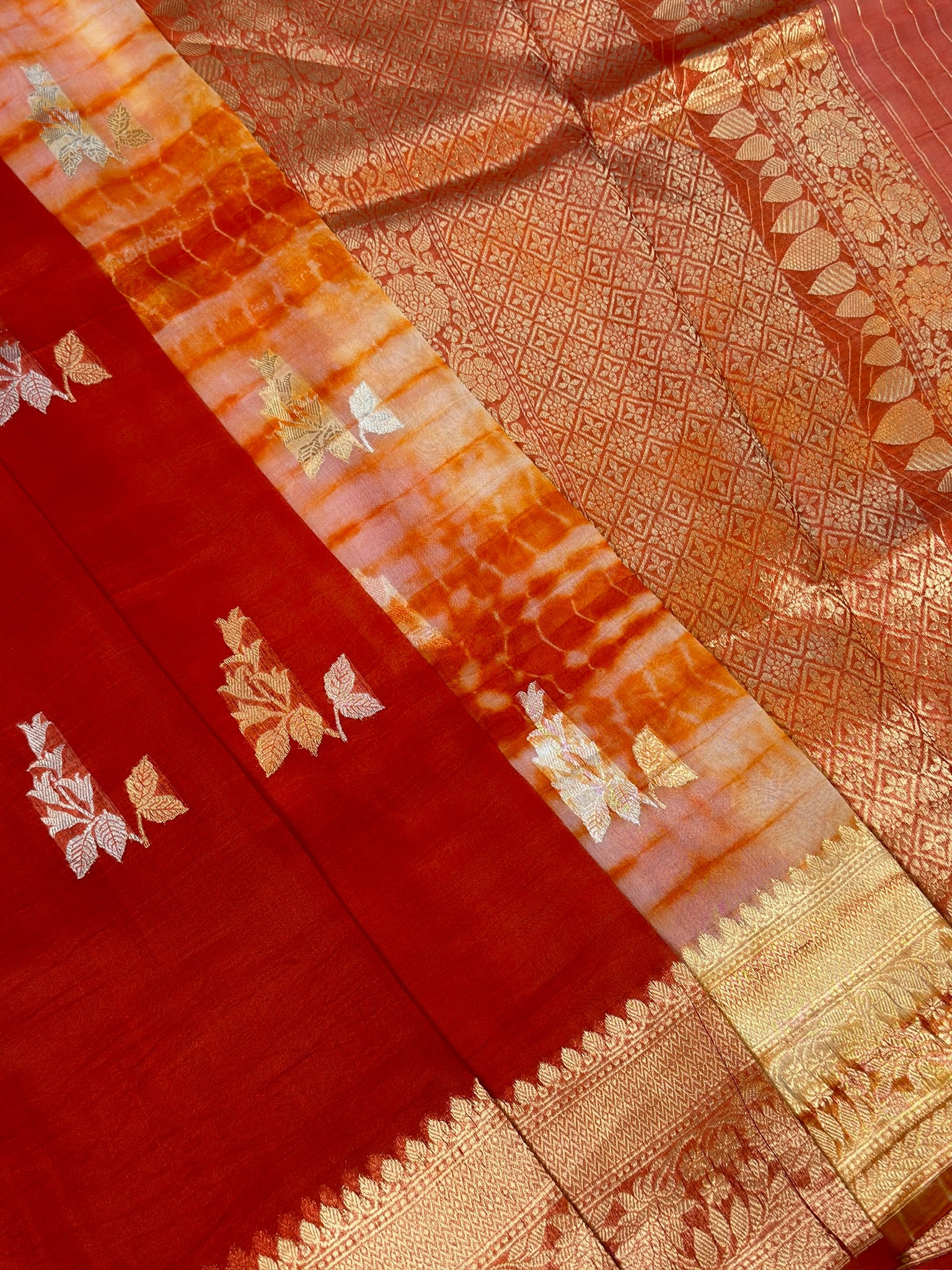 Rust Orange Handwoven Kora Silk Saree with Hand-Brush Dyeing & Zari Border