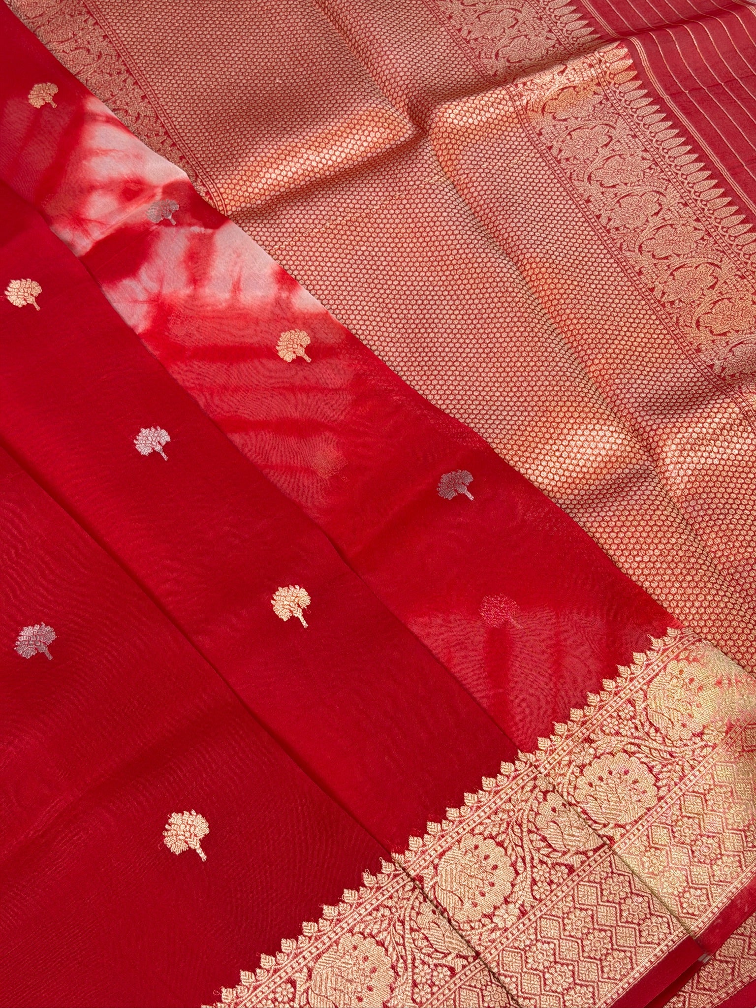 Red Handwoven Kora Silk Saree with Hand-Brush Dyeing & Zari Border