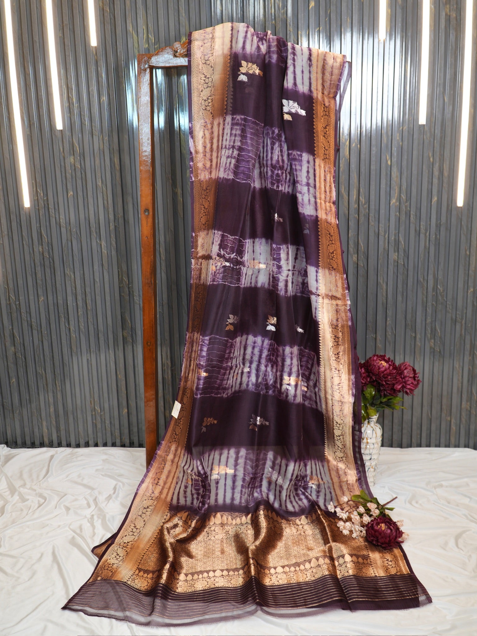Wine Handwoven Kora Silk Saree with Hand-Brush Dyeing & Zari Border