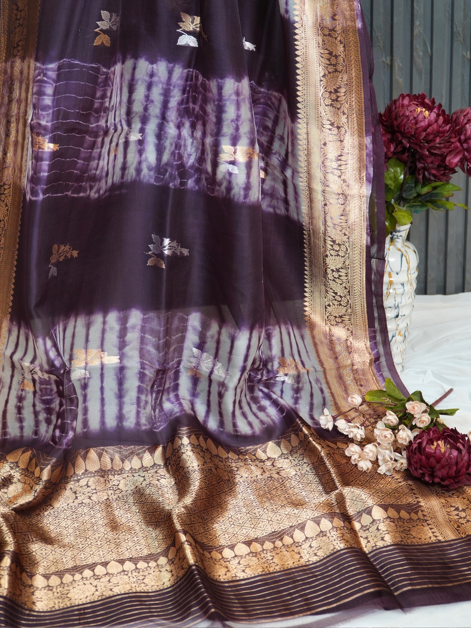 Wine Handwoven Kora Silk Saree with Hand-Brush Dyeing & Zari Border