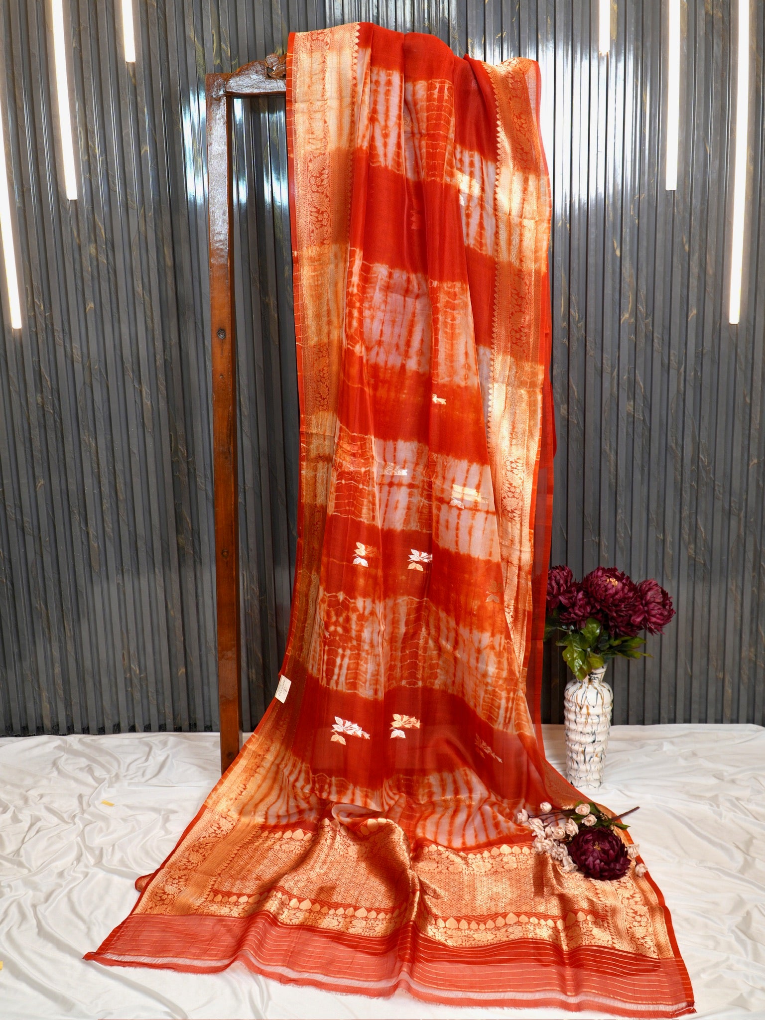 Rust Orange Handwoven Kora Silk Saree with Hand-Brush Dyeing & Zari Border