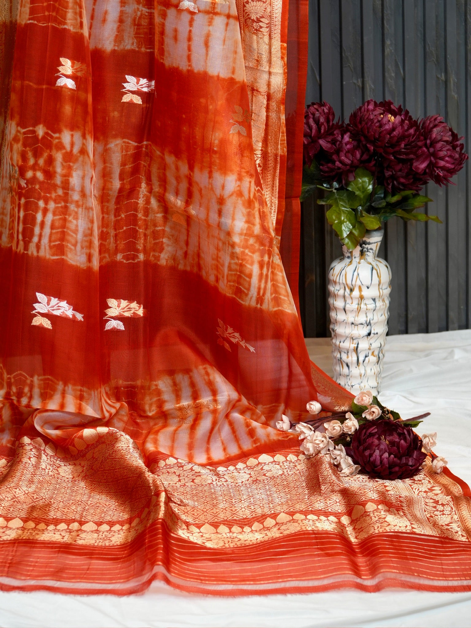 Rust Orange Handwoven Kora Silk Saree with Hand-Brush Dyeing & Zari Border