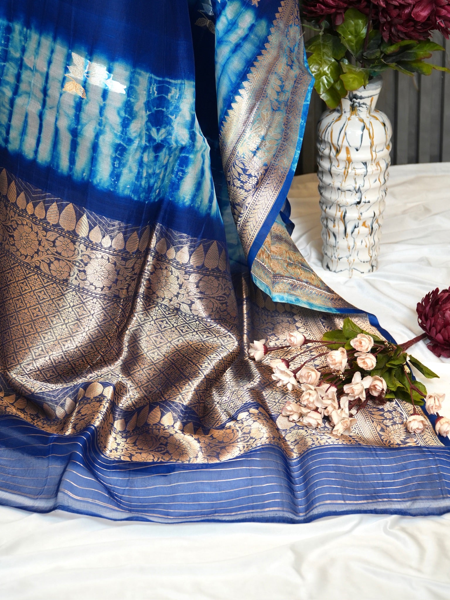 Blue Handwoven Kora Silk Saree with Hand-Brush Dyeing & Zari Border