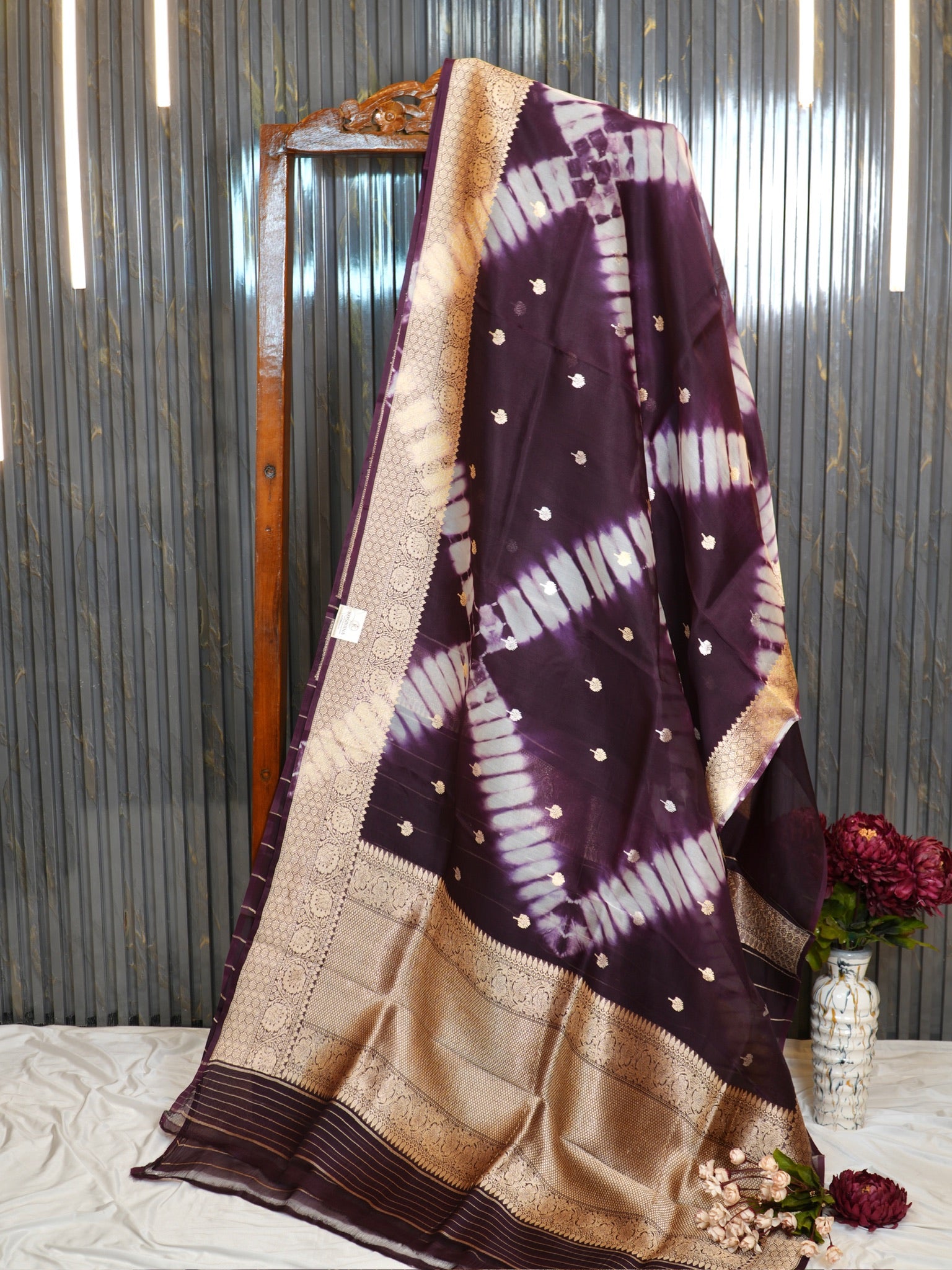 Wine Handwoven Kora Silk Saree with Hand-Brush Dyeing & Zari Border