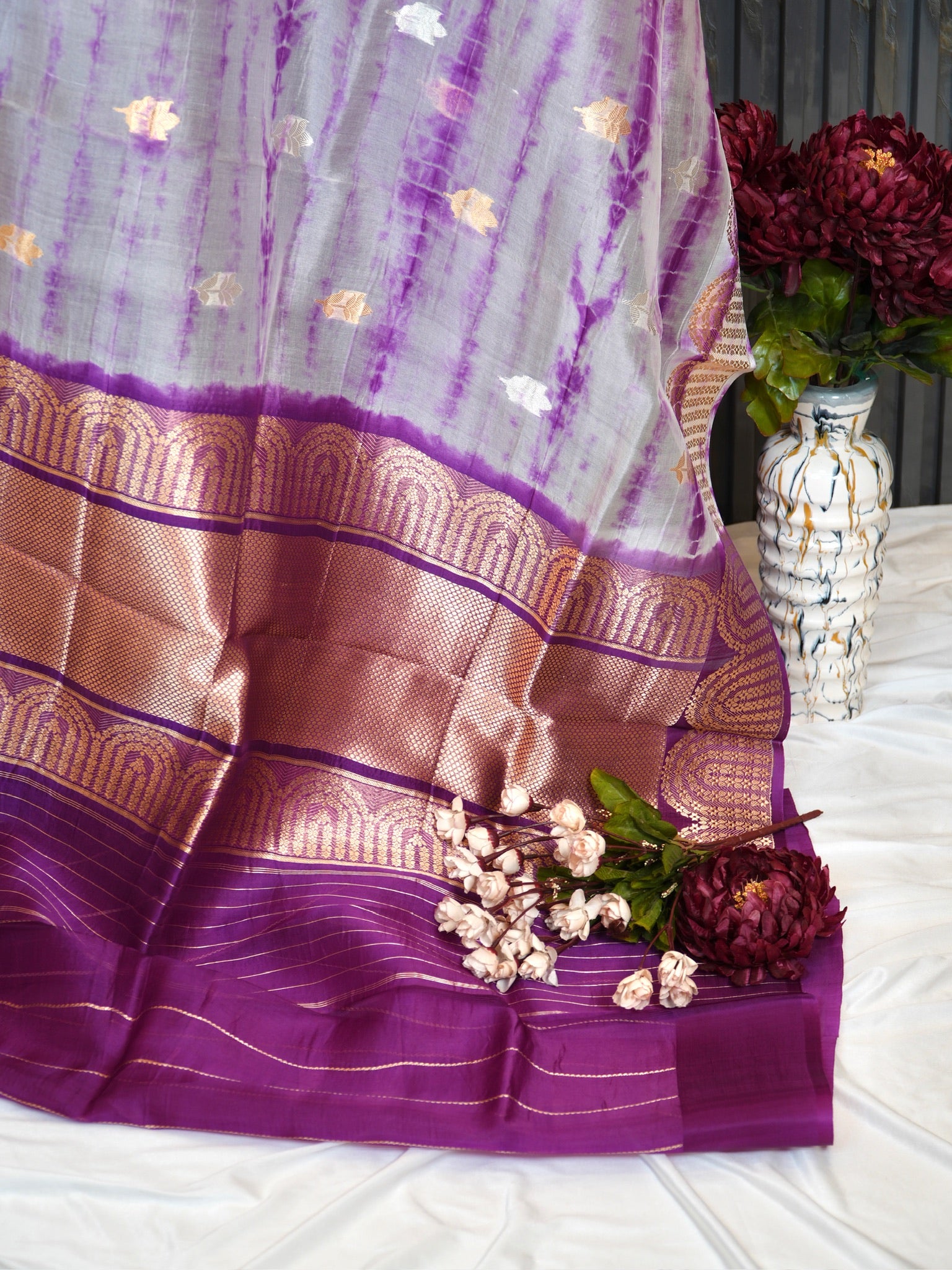 Magenta Handwoven Kora Silk Saree with Hand-Brush Dyeing & Zari Border