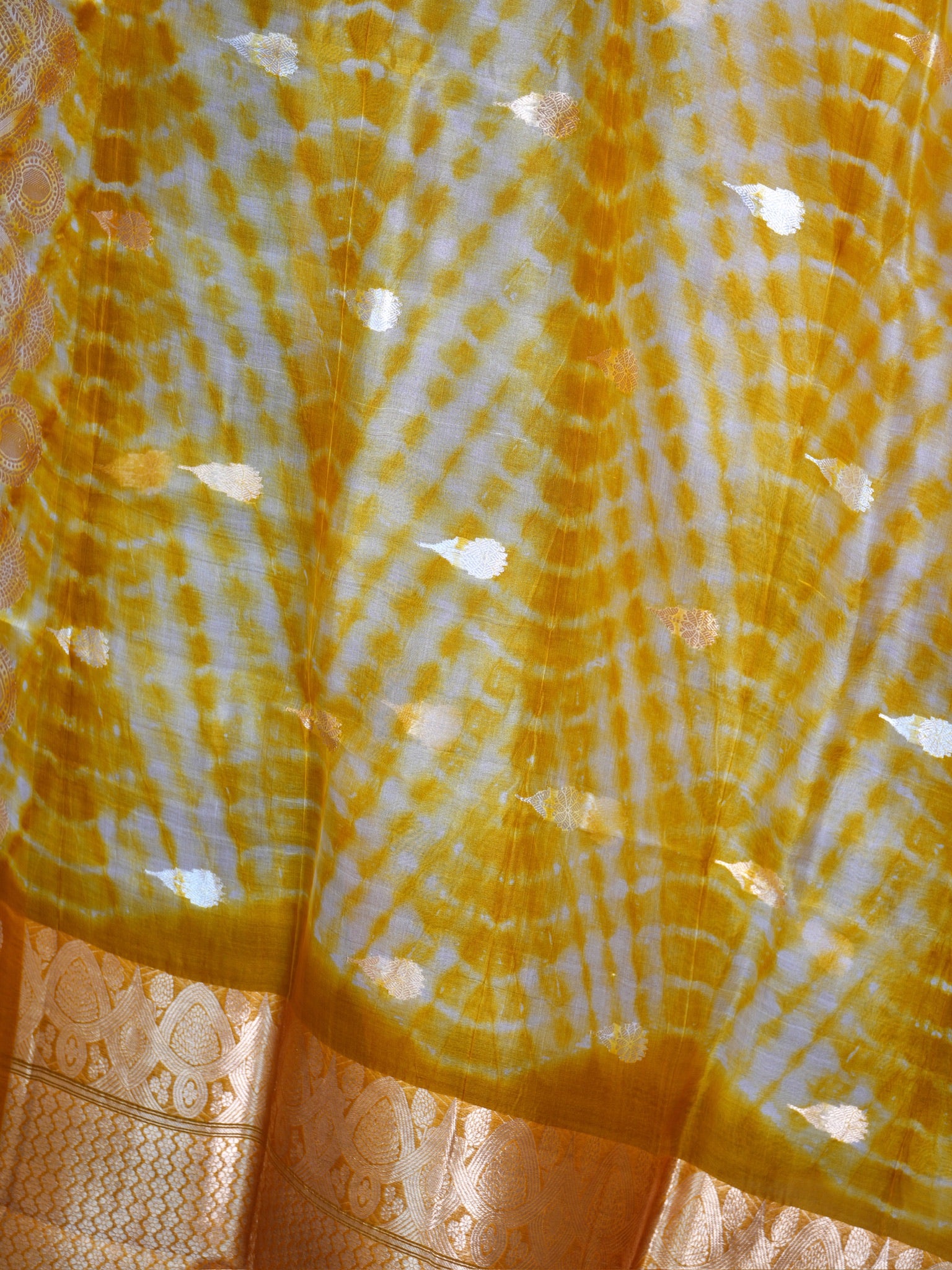 Yellow Handwoven Kora Silk Saree with Hand-Brush Dyeing & Zari Border