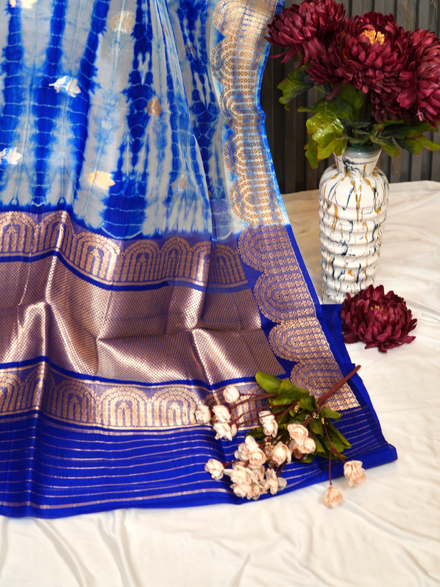 Royal Blue Handwoven Kora Silk Saree with Hand-Brush Dyeing & Zari Border