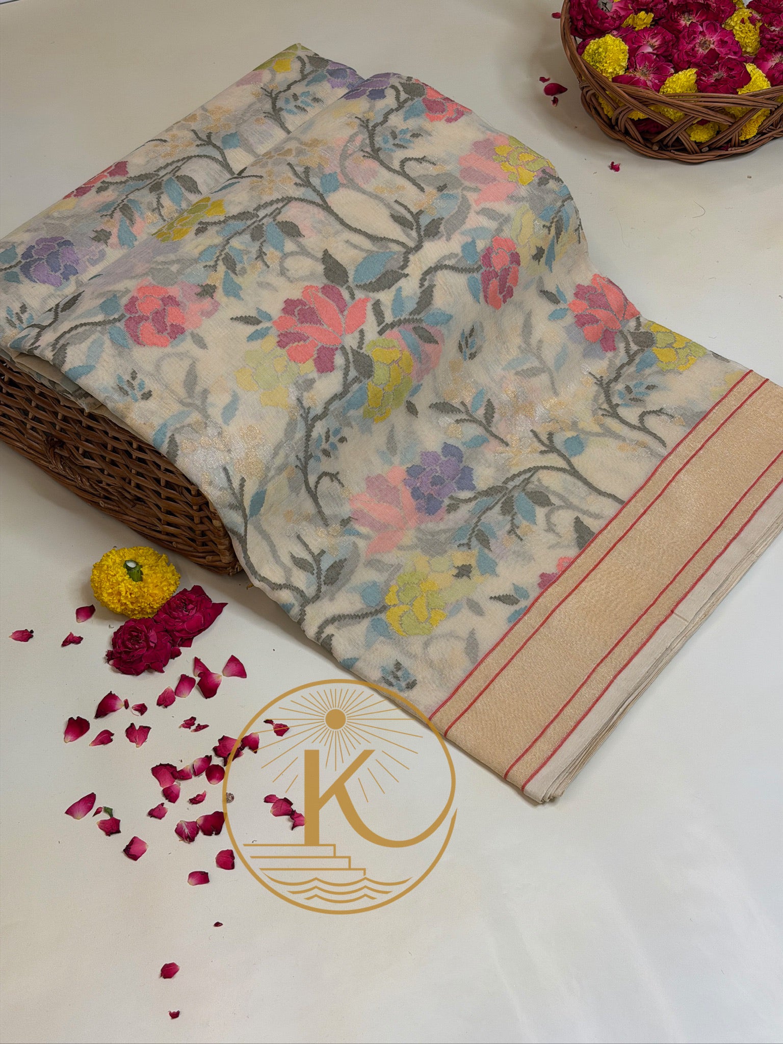 Ivory Pure Real Zari Jamdani Saree with Floral Weaving