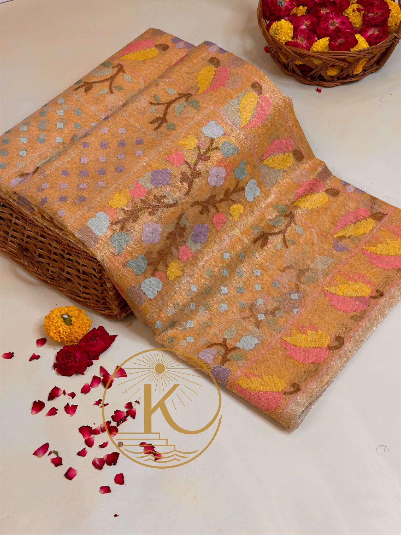 Peach Gold Pure Real Zari Jamdani Saree with Floral Weaving