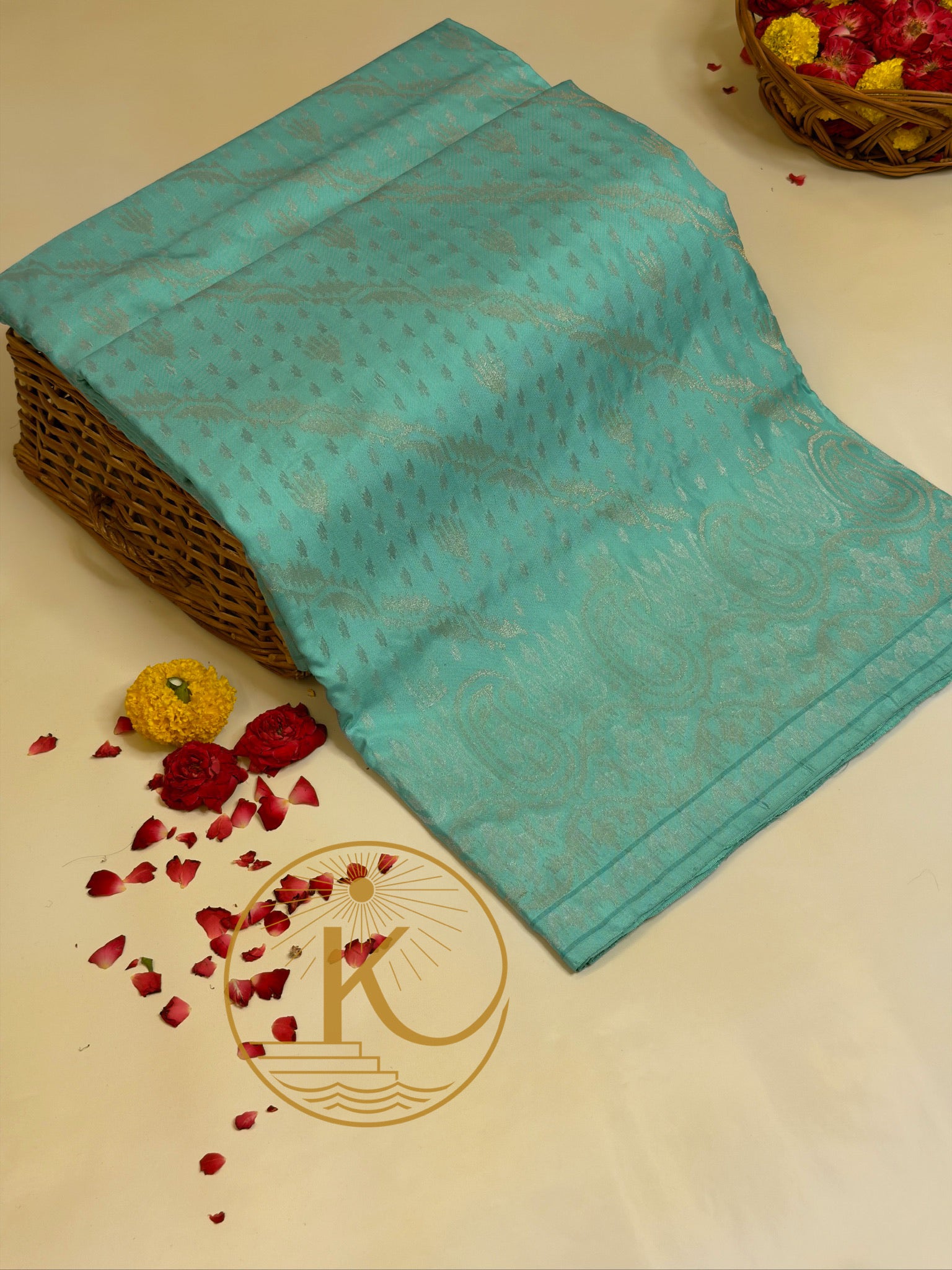 Sea Blue Pure Real Zari Jamdani Saree with Floral Weaving