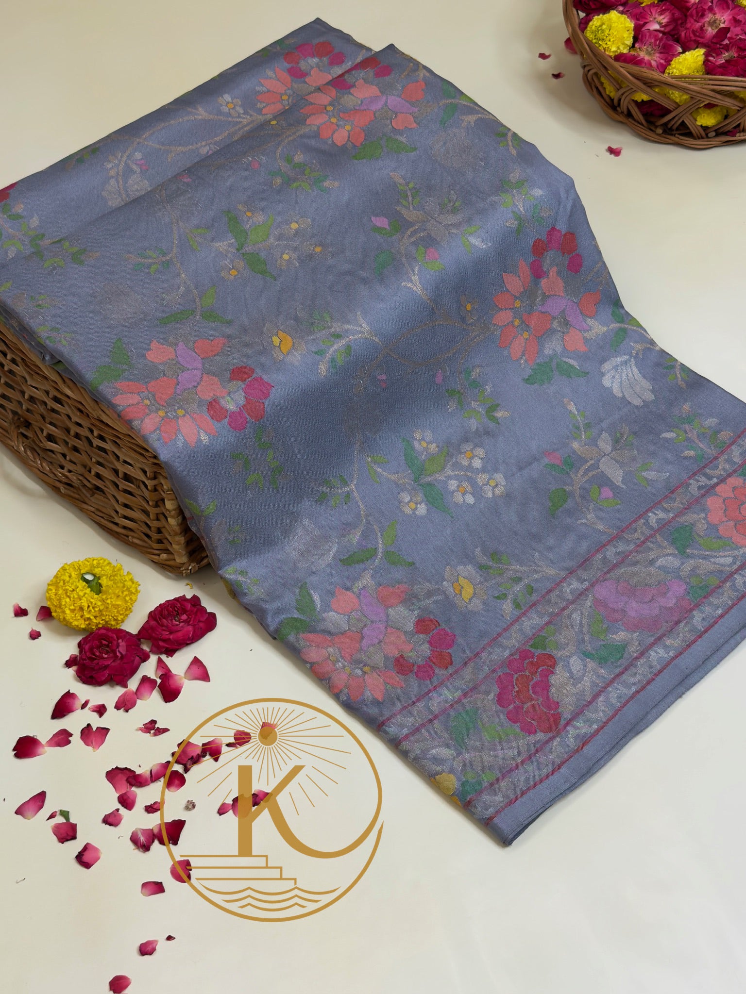 Steel Grey Pure Real Zari Jamdani Saree with Floral Weaving
