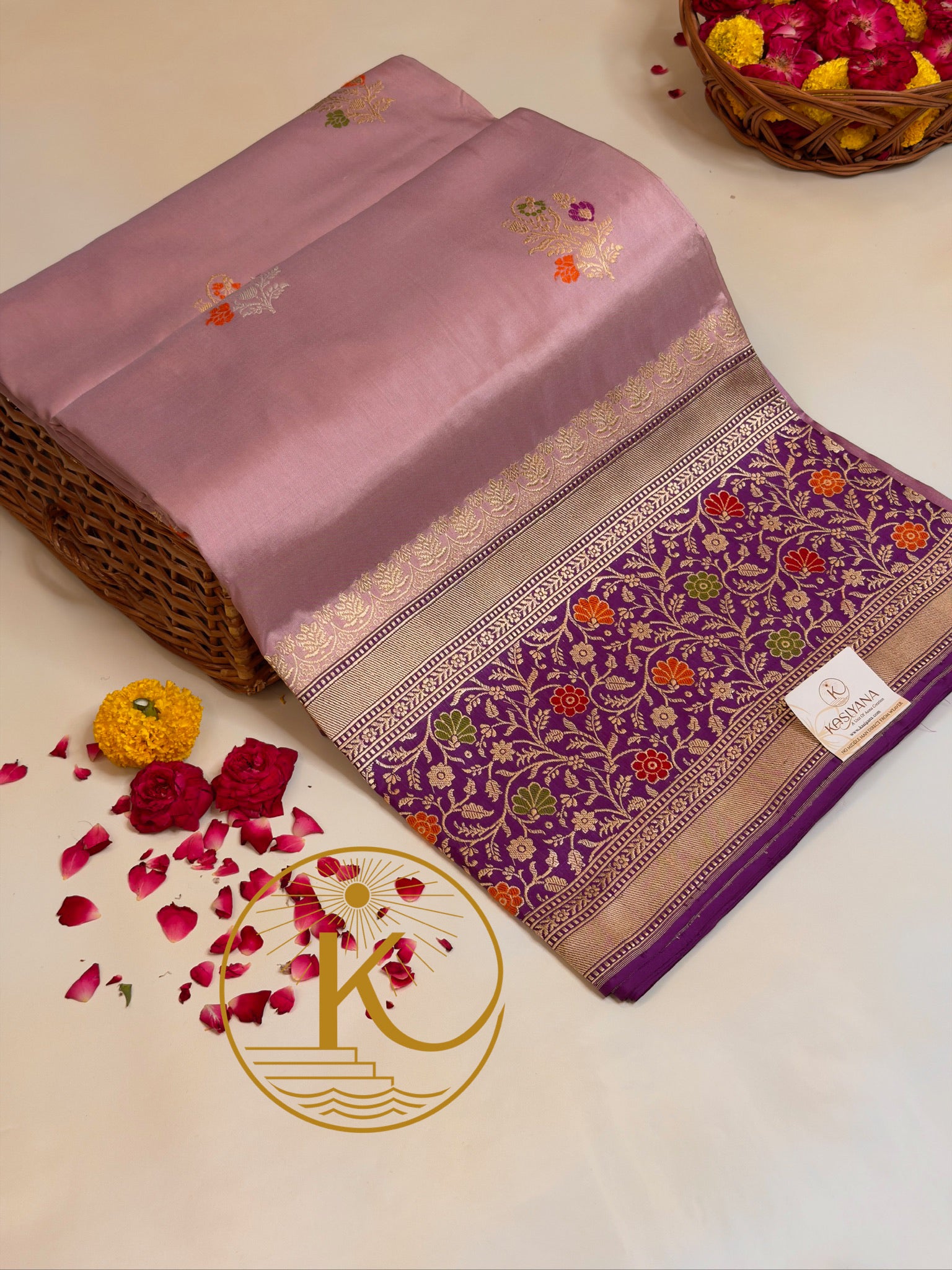 Blush Pink Pure Kadiyal Border Katan Silk Saree with Floral Zari Weaving