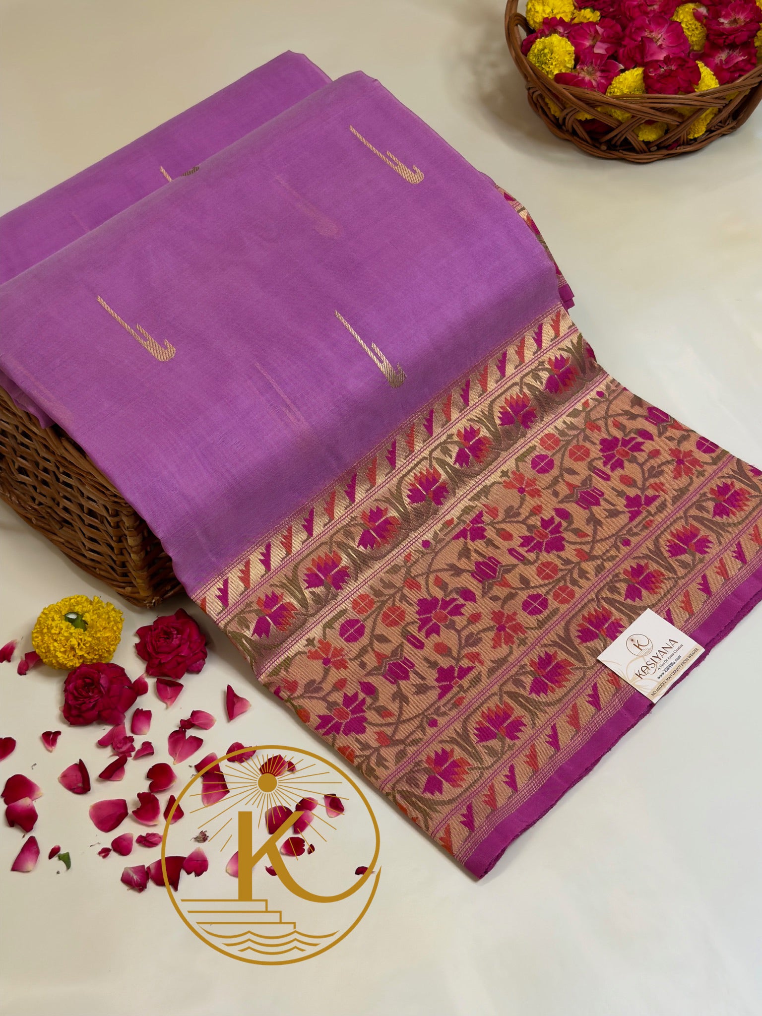 Lavender Premium Banarasi Kora Organza Silk Saree – 100% Handwoven | Elegant & Timeless Design