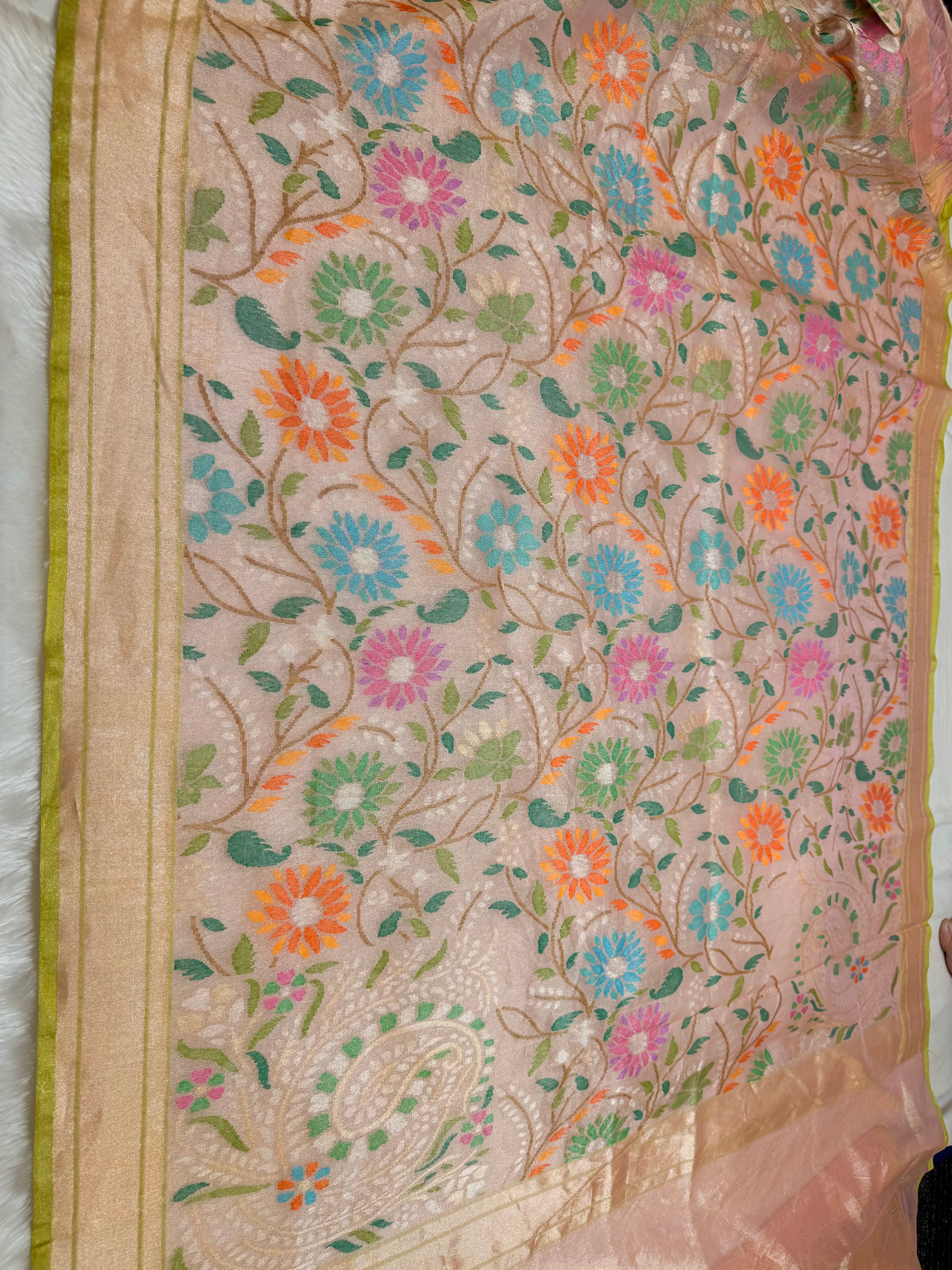 Pure Real Zari Tissue Jamdani Saree – Handwoven Luxury Floral Design with Rich ROSE PINK