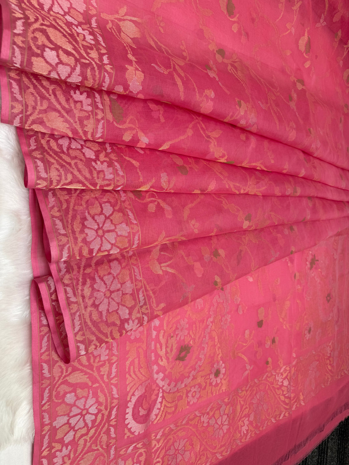 Natural onion pink Pure Cotton Jamdani Real Gold Silver Zari Handwoven Saree