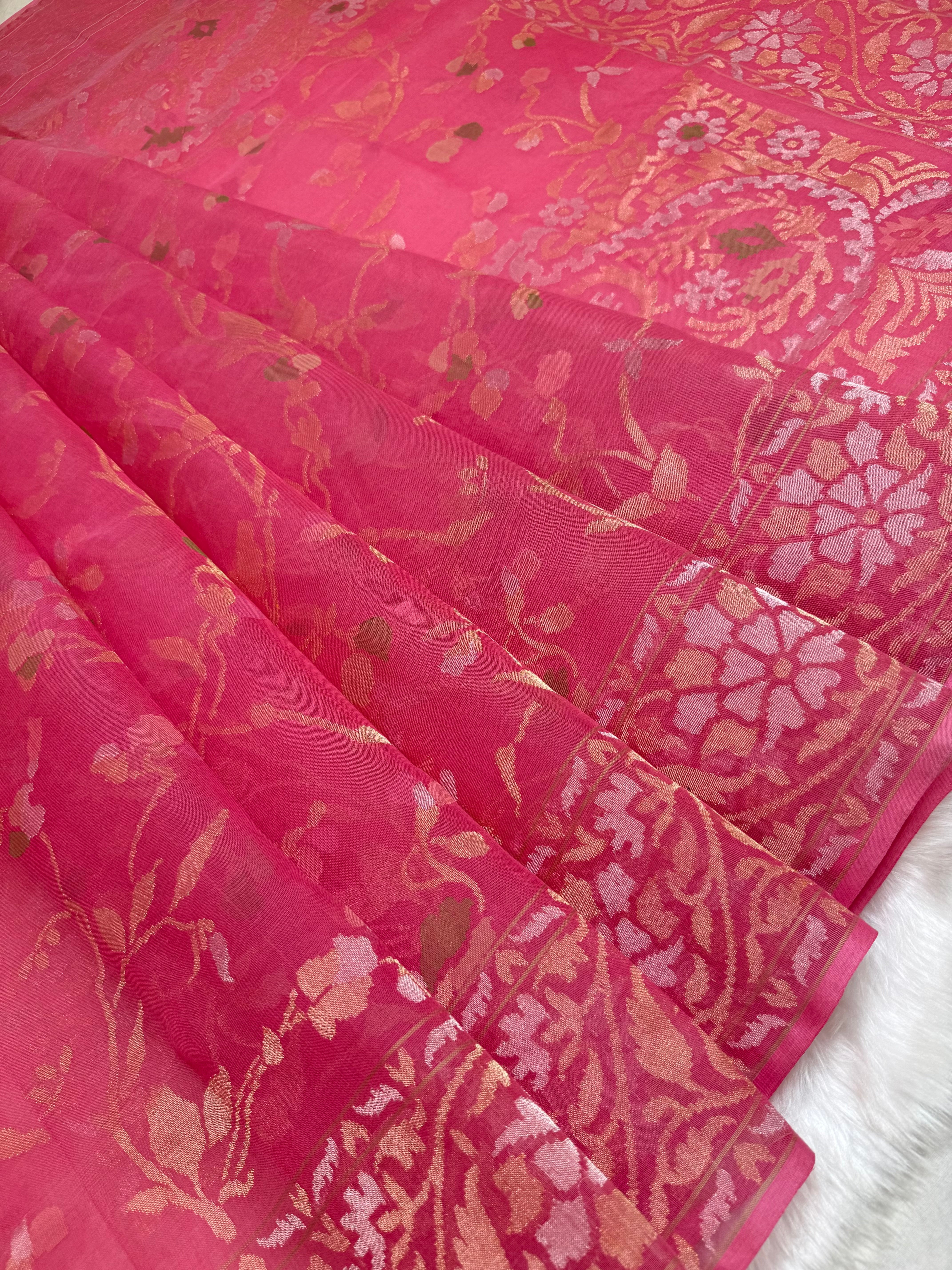 Natural onion pink Pure Cotton Jamdani Real Gold Silver Zari Handwoven Saree