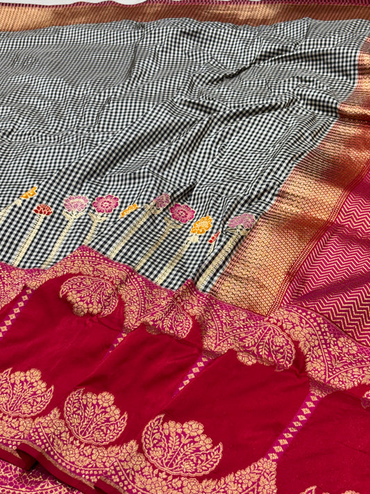 Black Checks Pure Katan Silk handwoven saree