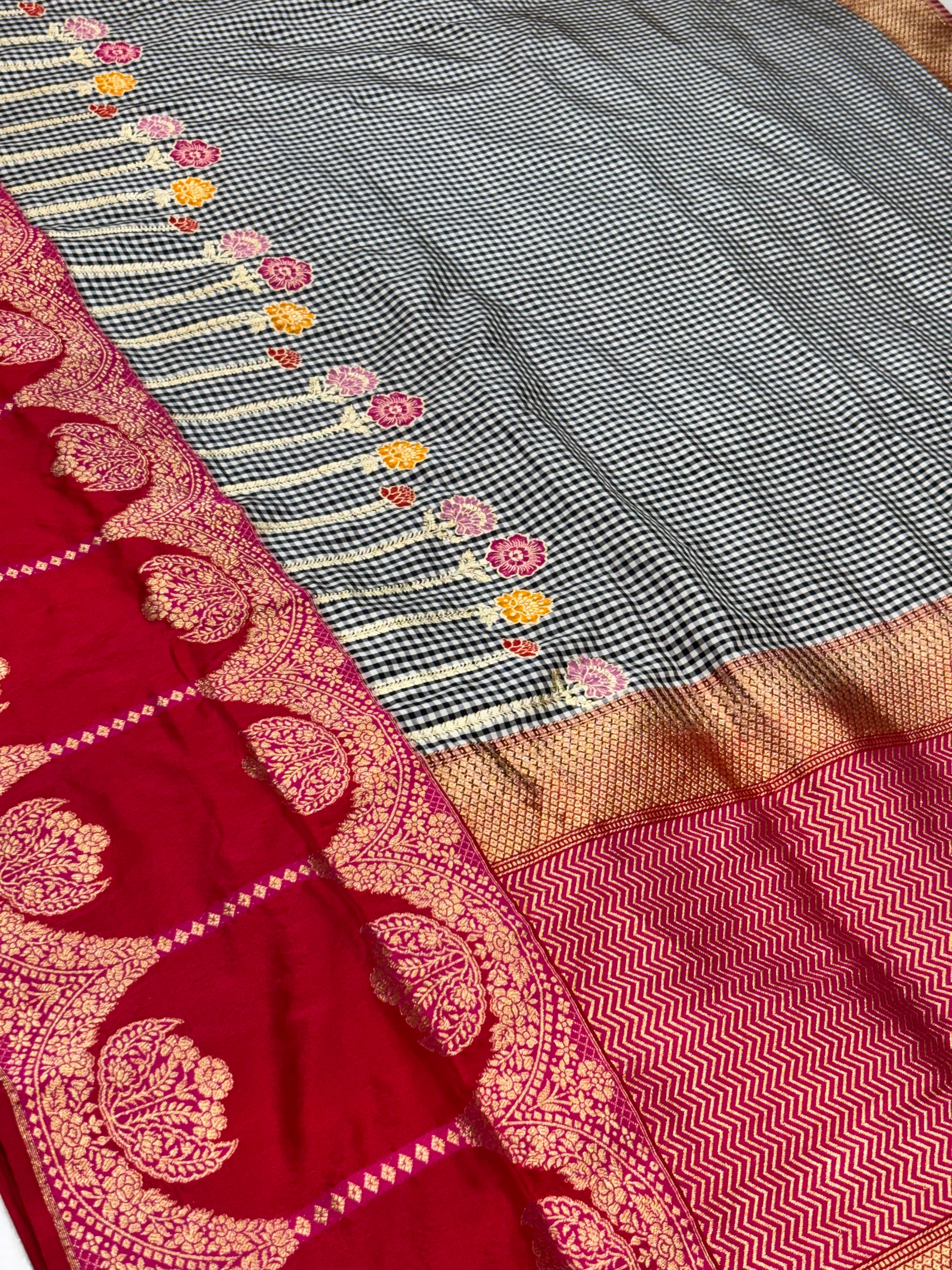 Black Checks Pure Katan Silk handwoven saree