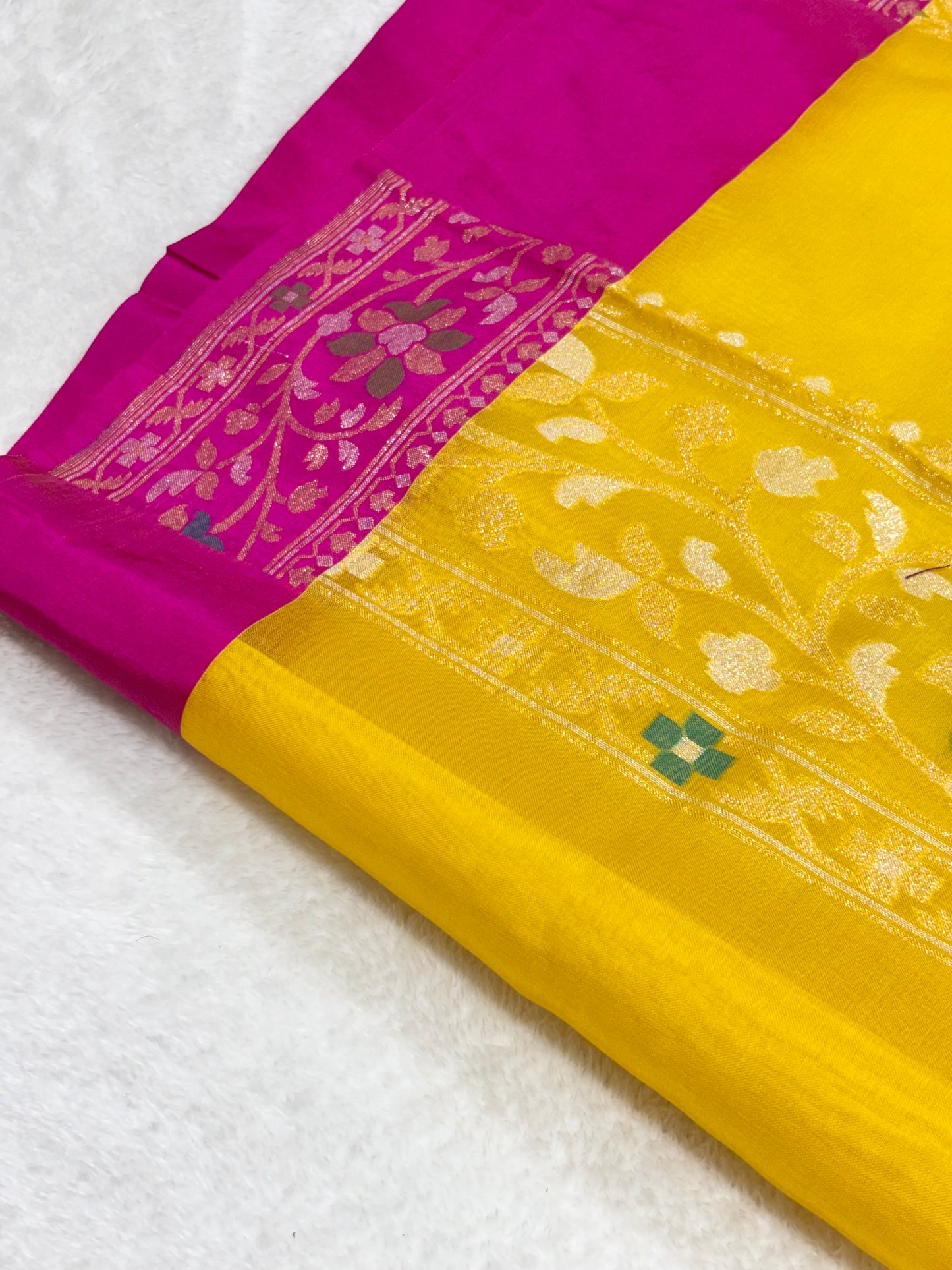 Yellow Ektara kora silk Jamdani Cutwork Zari Border Anchal Mina Work Saree