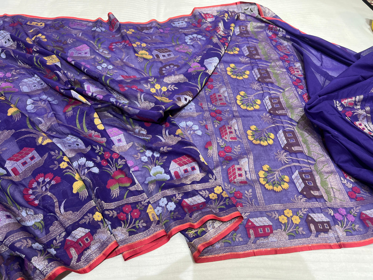 Banarasi Cotton katwork jamdani with Elegant Border Handloom Saree