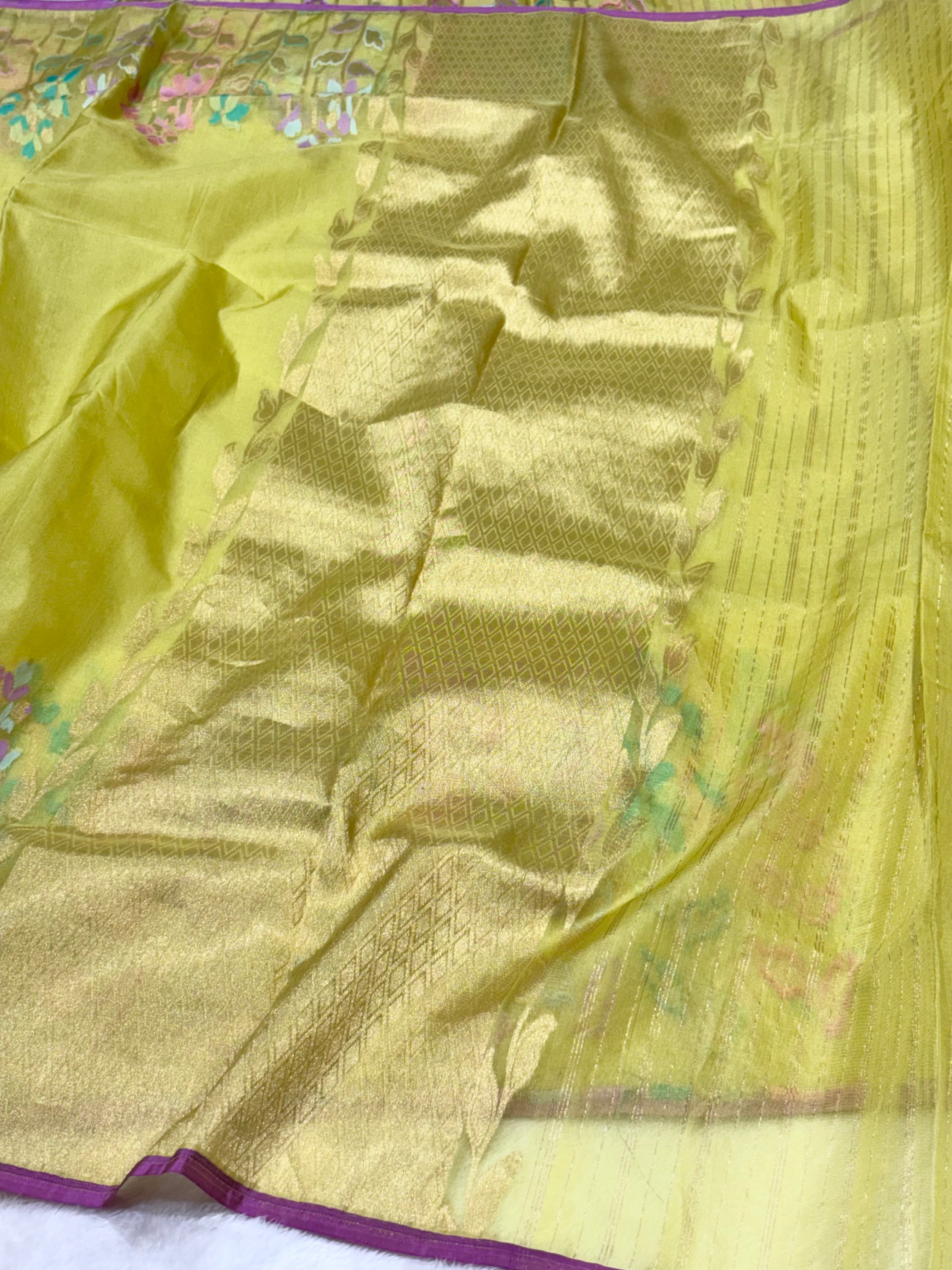 Neon Green pure Kora Silk handwoven Saree