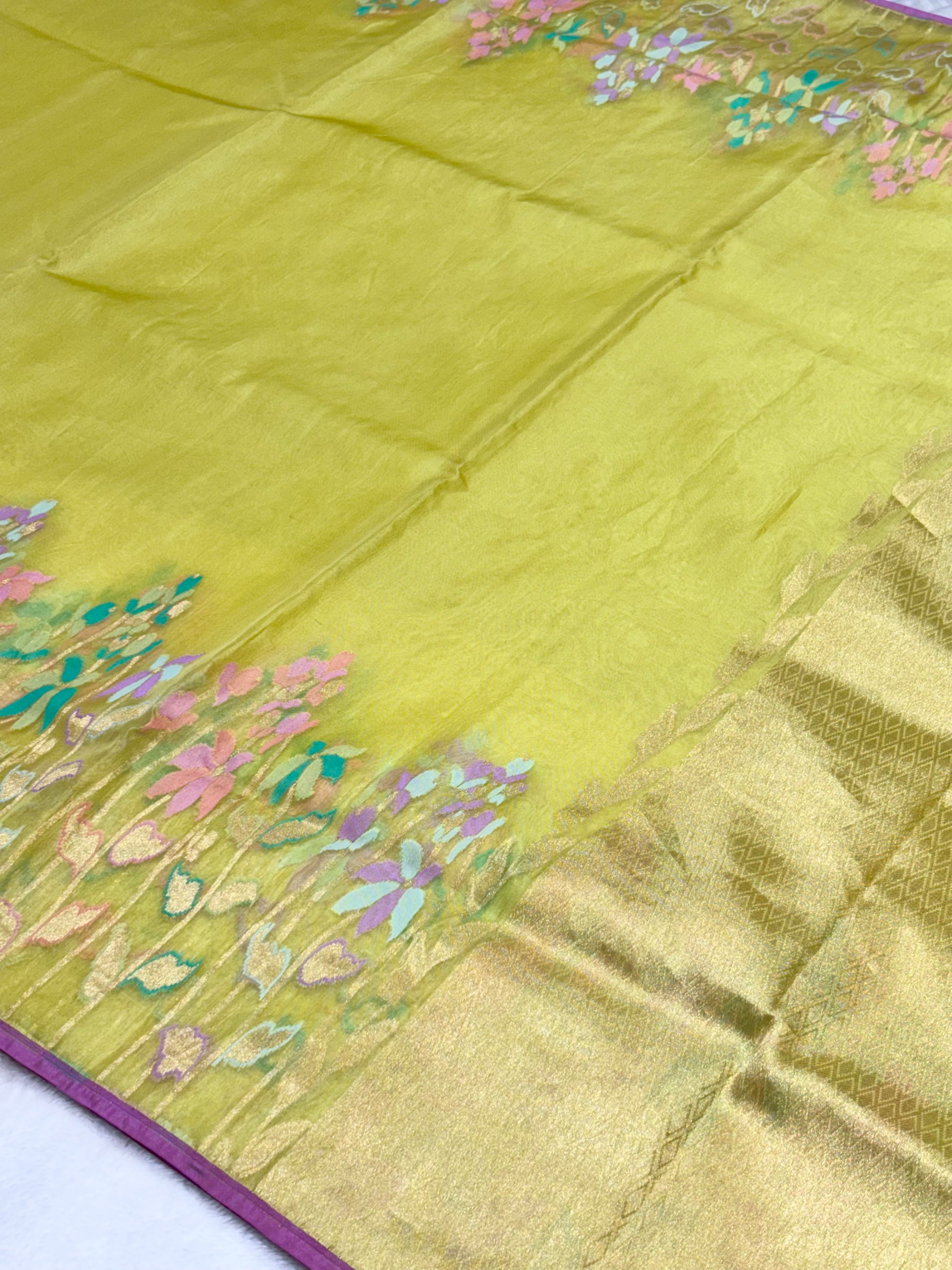 Neon Green pure Kora Silk handwoven Saree