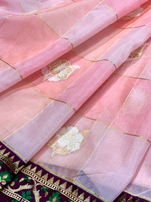 Baby Pink Pure Kora Silk handwoven Saree