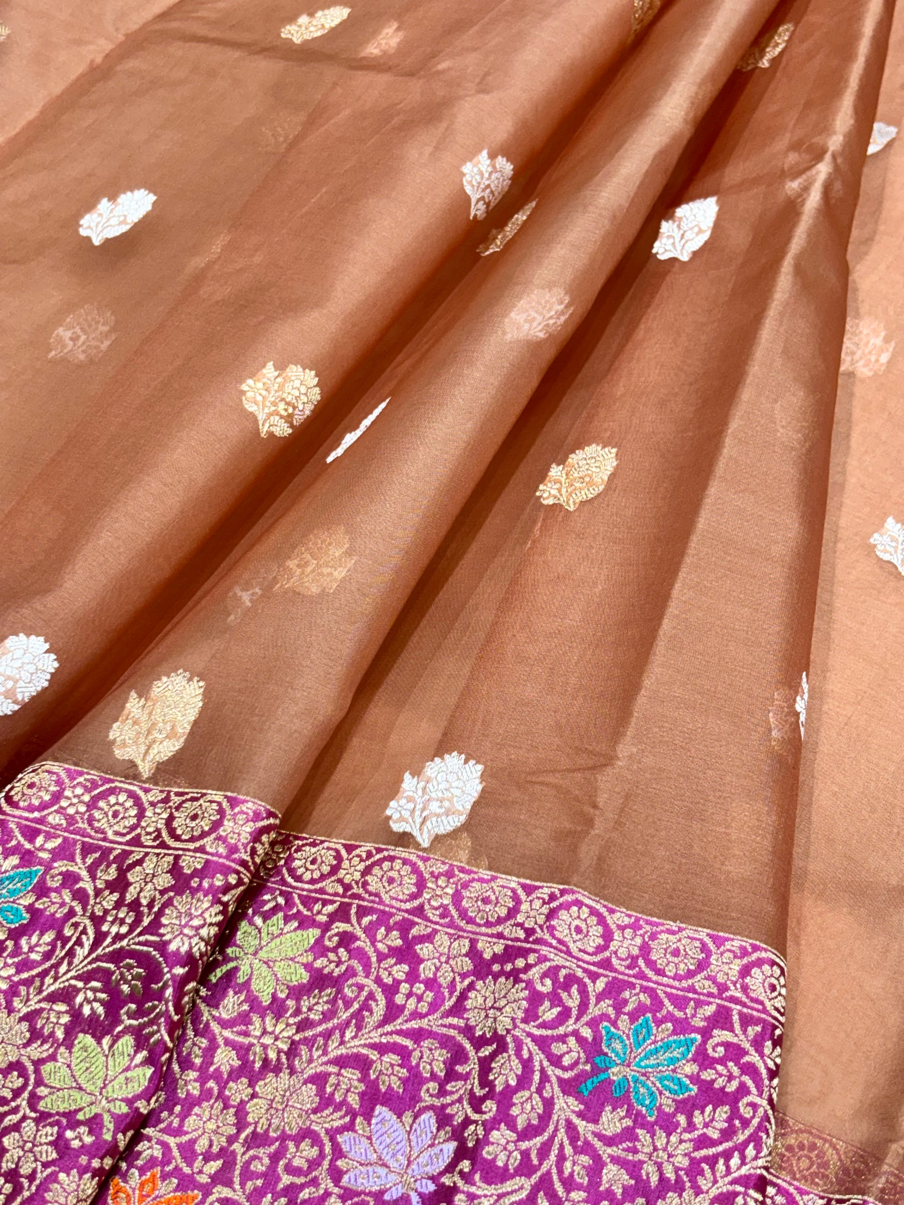 Rose Brown Pure Kora Silk handwoven Saree