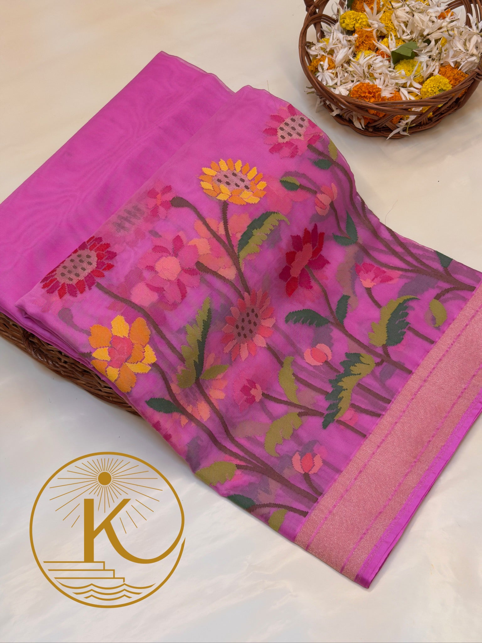 Pure Kora Organza Silk Jamdani Saree in Pink with Skrt Border Handwoven Saree