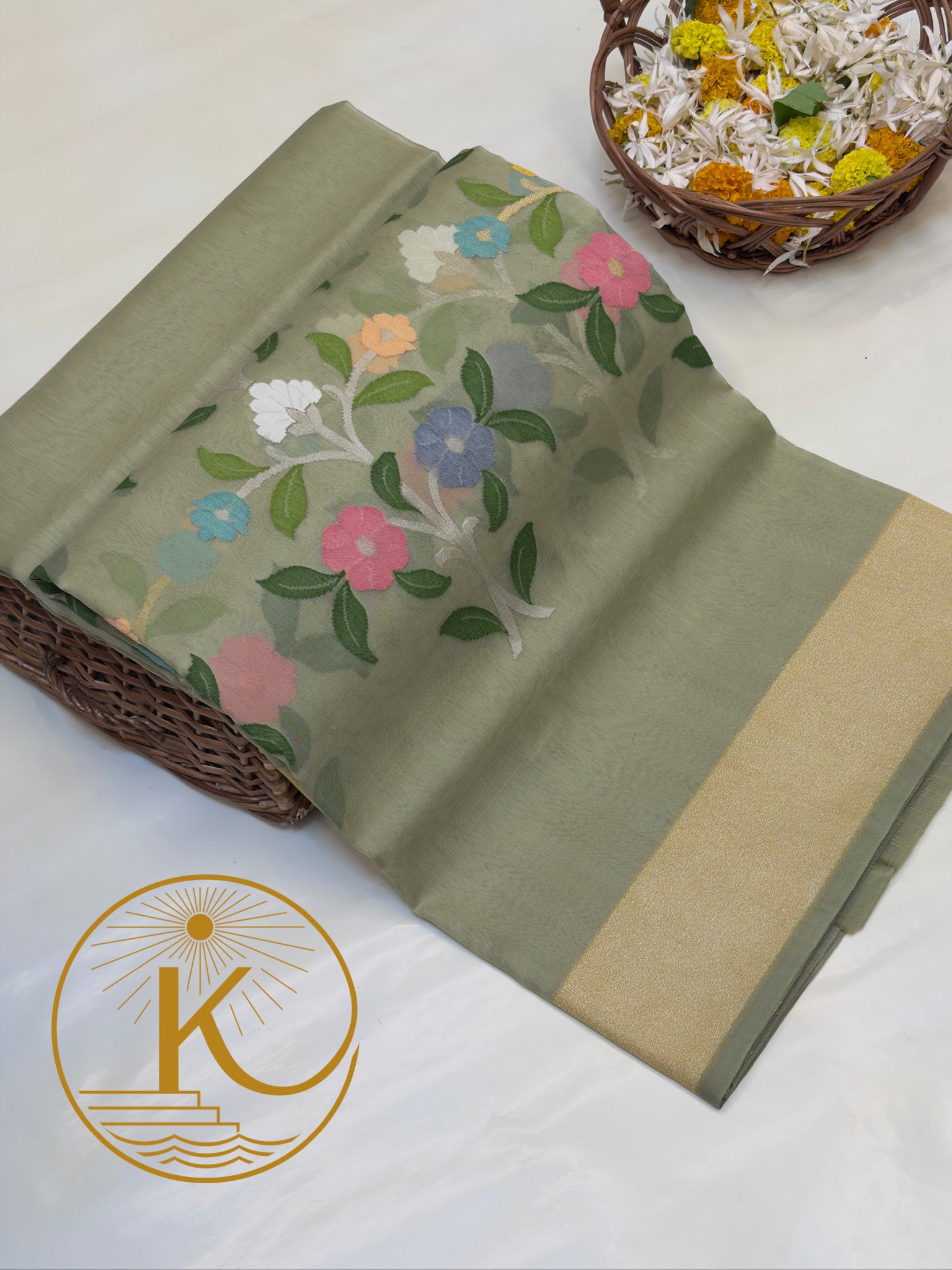 Pure Kora Organza Silk Jamdani Saree in Ash Green Handwoven Saree