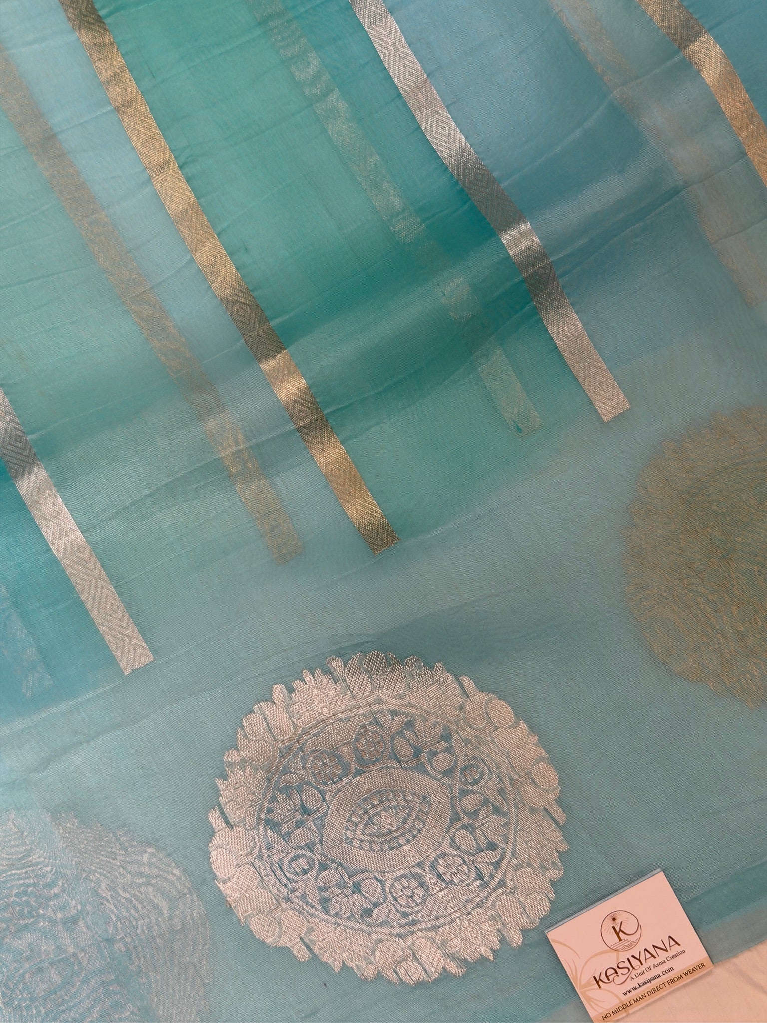Sea Blue Handwoven Rangkaat Kora Silk Saree