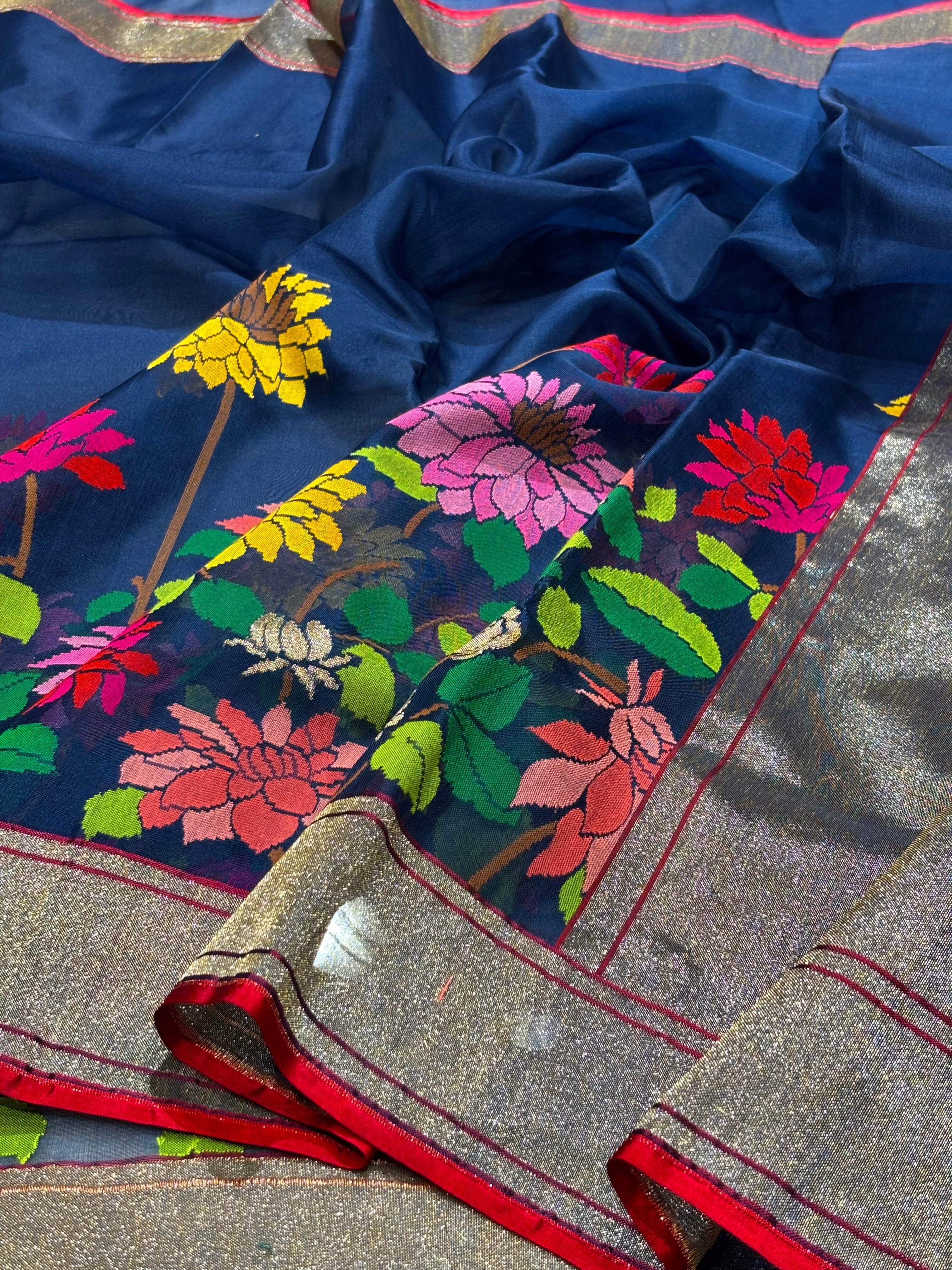 Midnight Blue Silk Jamdani Mina Handwoven Saree