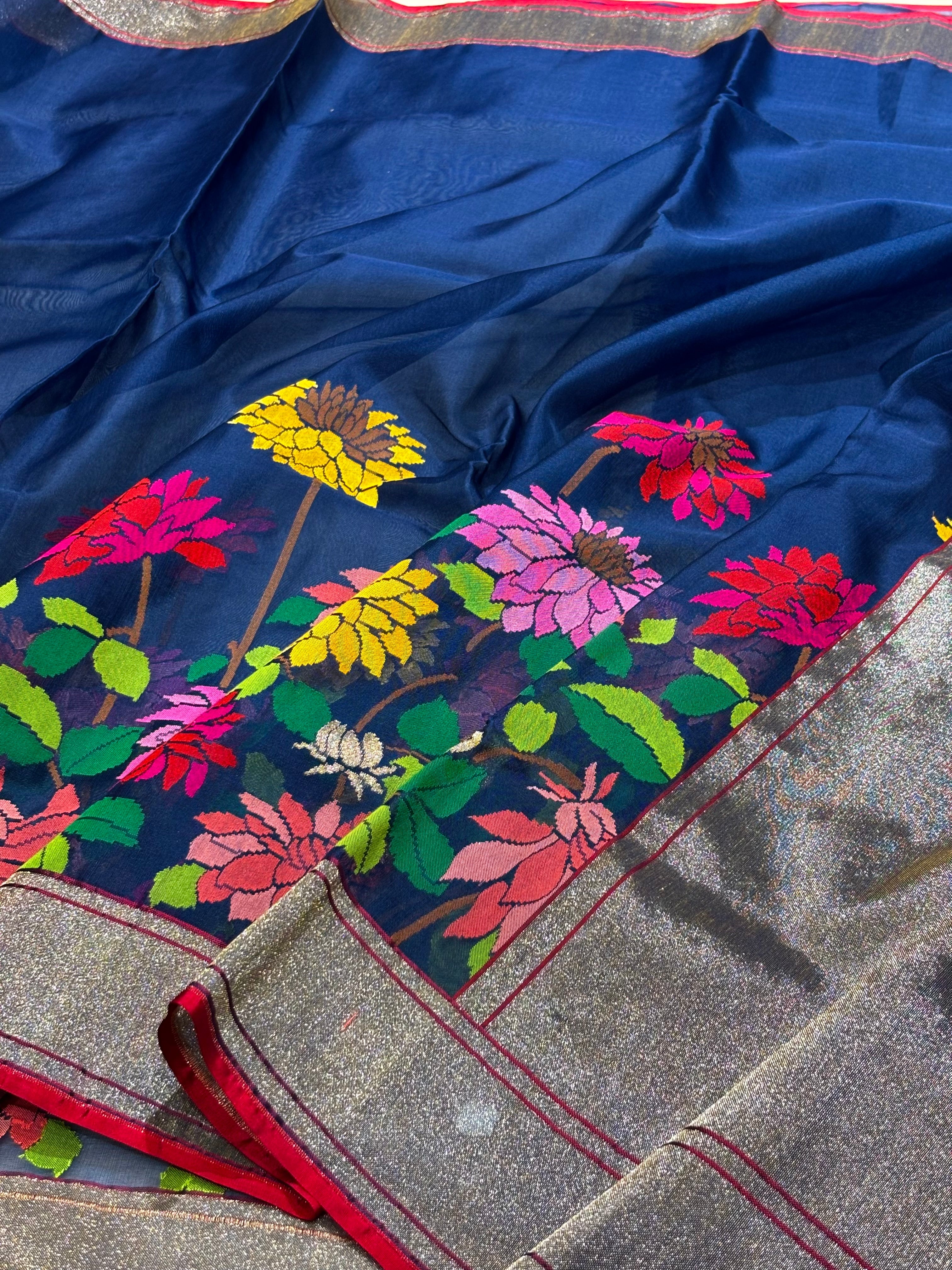 Midnight Blue Silk Jamdani Mina Handwoven Saree