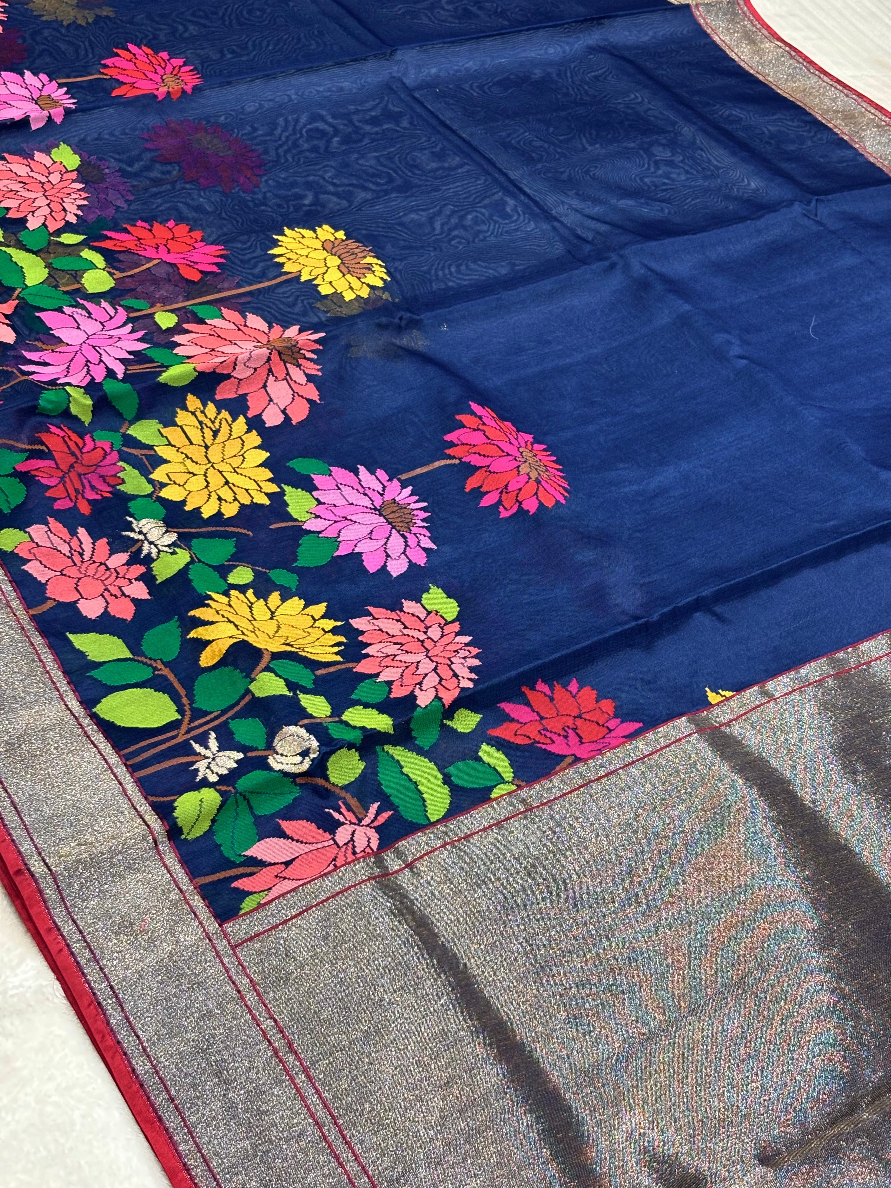 Midnight Blue Silk Jamdani Mina Handwoven Saree
