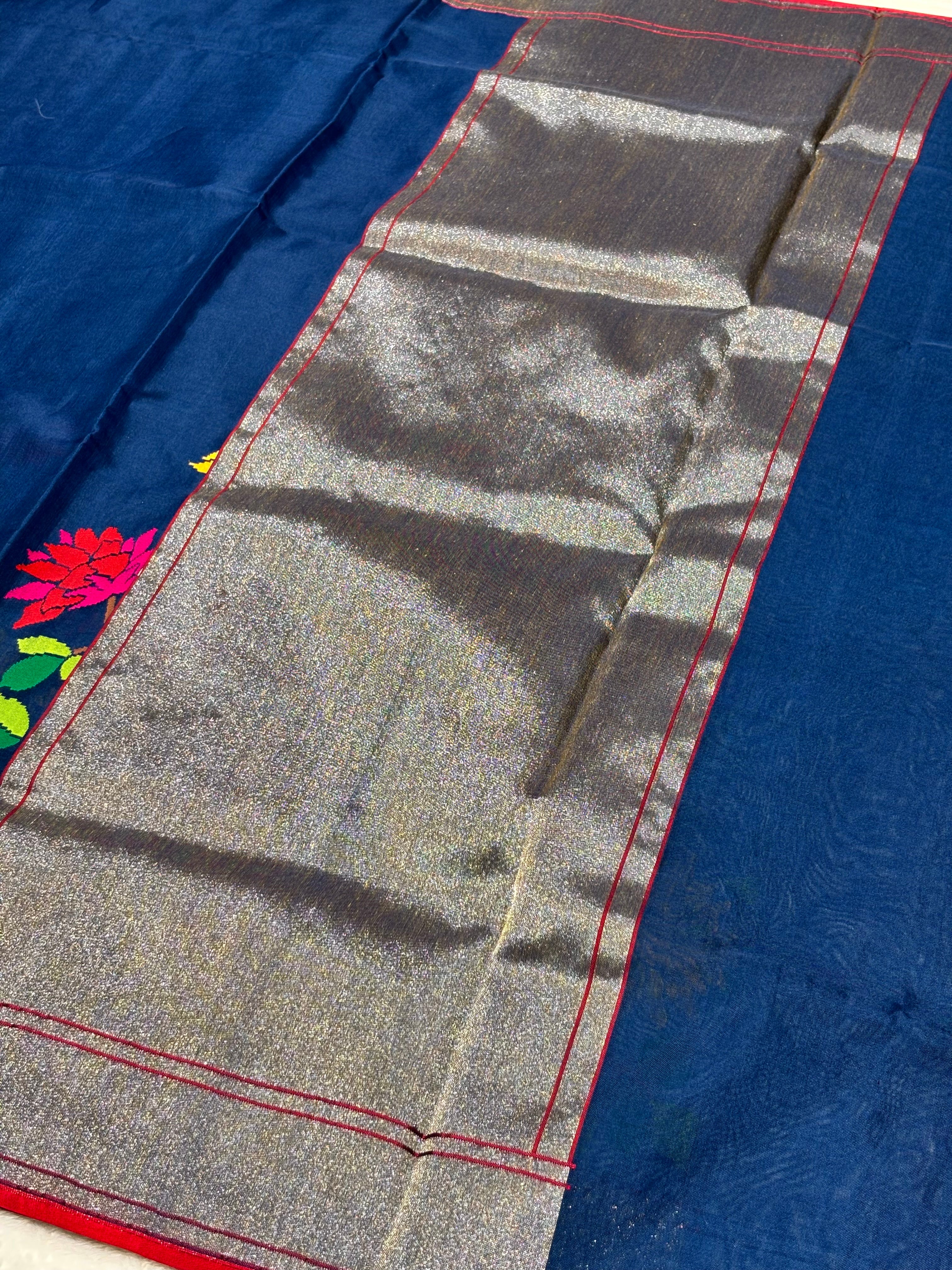 Midnight Blue Silk Jamdani Mina Handwoven Saree