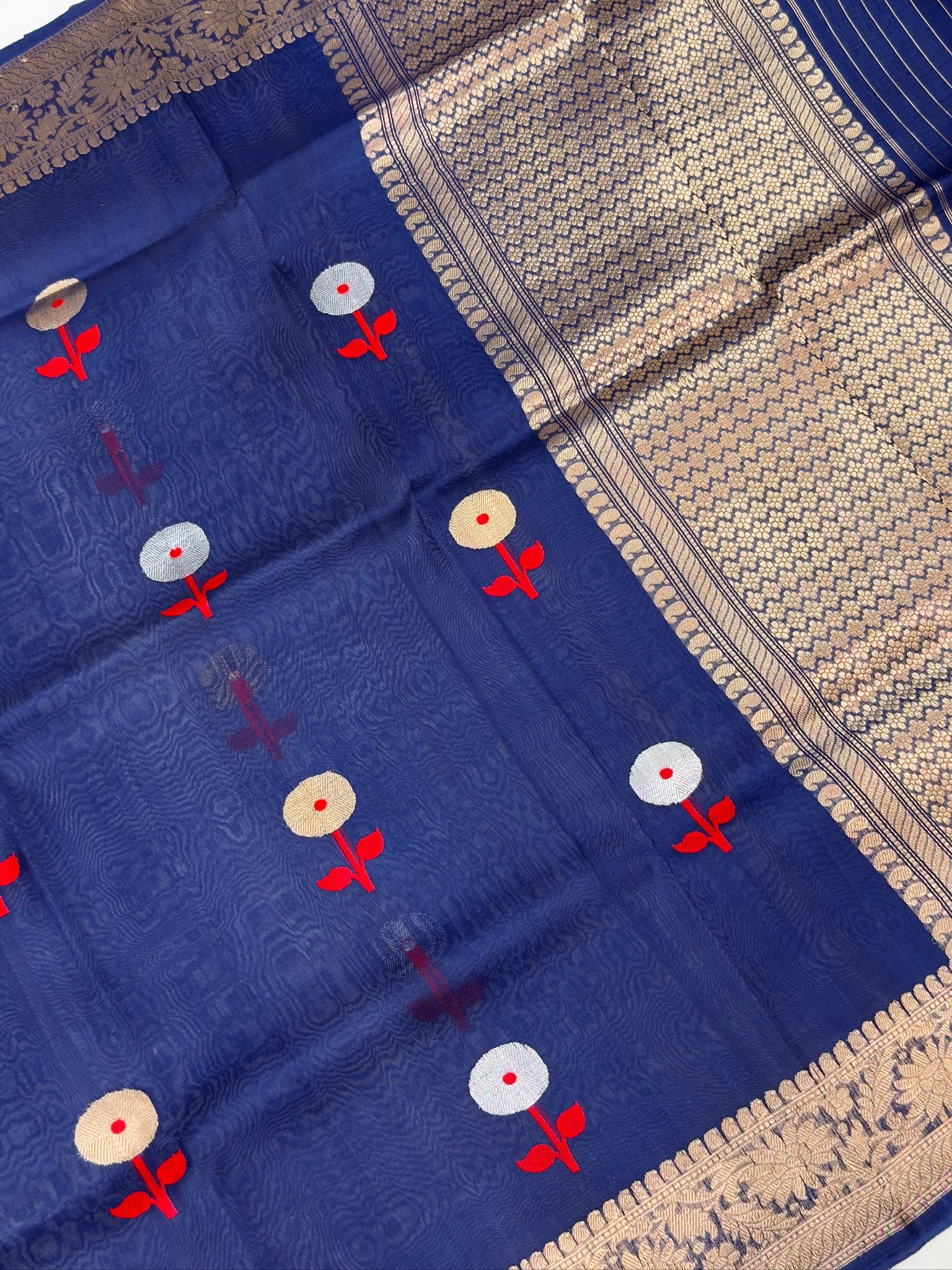 Ink Blue Handwoven Kora Silk Saree