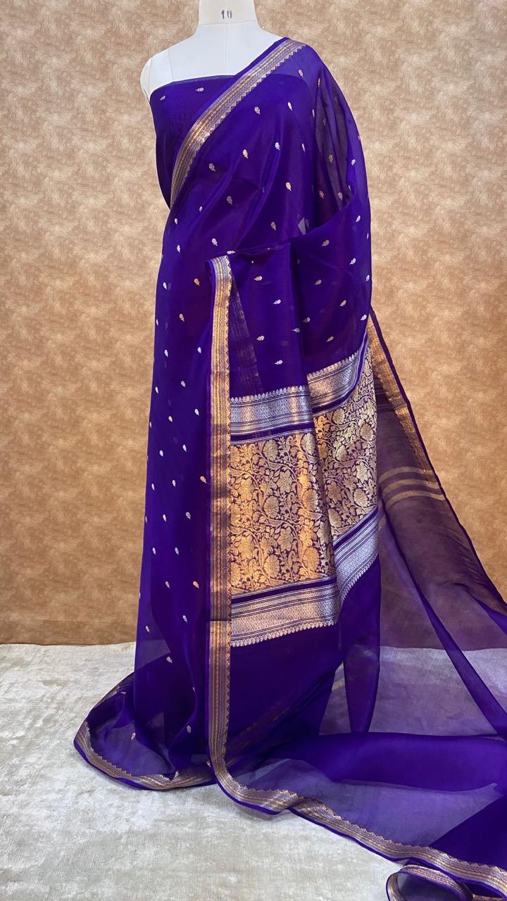 Imperial Purple Pure Kora Organza Silk Saree – Handwoven Banarasi Zari Buti Saree with Rich Zari Pallu
