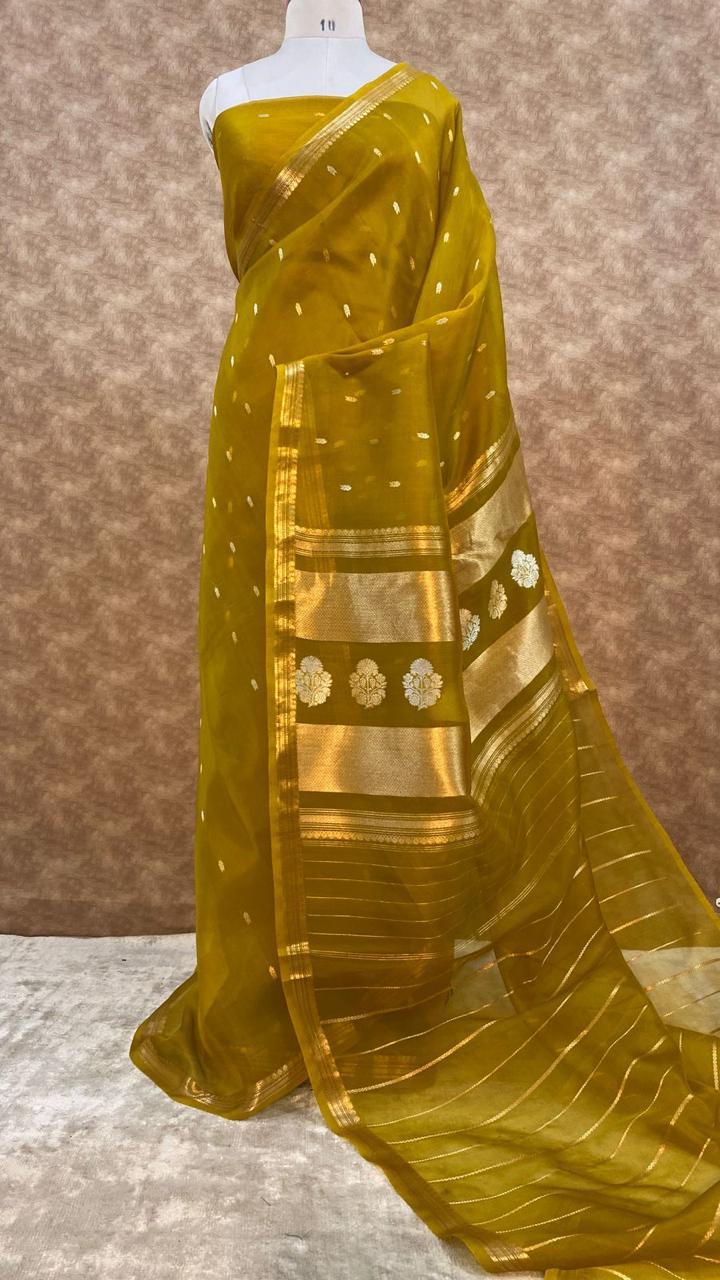 Heritage Mustard Pure Kora Organza Silk Saree – Handwoven Banarasi Zari Buti Saree with Rich Zari Pallu