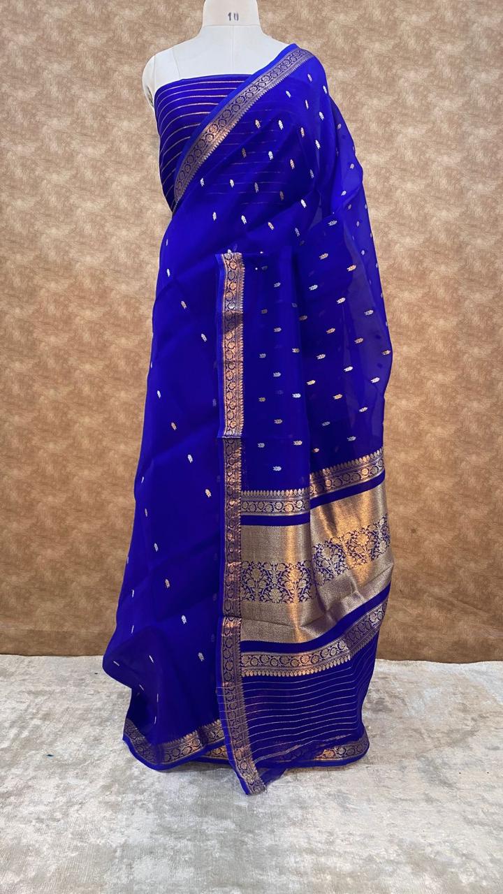 Royal Blue Pure Kora Organza Silk Saree – Handwoven Banarasi Zari Buti Saree with Rich Zari Pallu