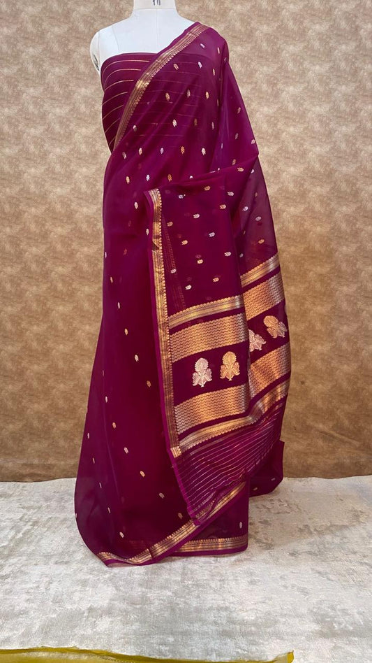 Maroon Pure Kora Organza Silk Saree – Handwoven Banarasi Zari Buti Saree with Rich Zari Pallu