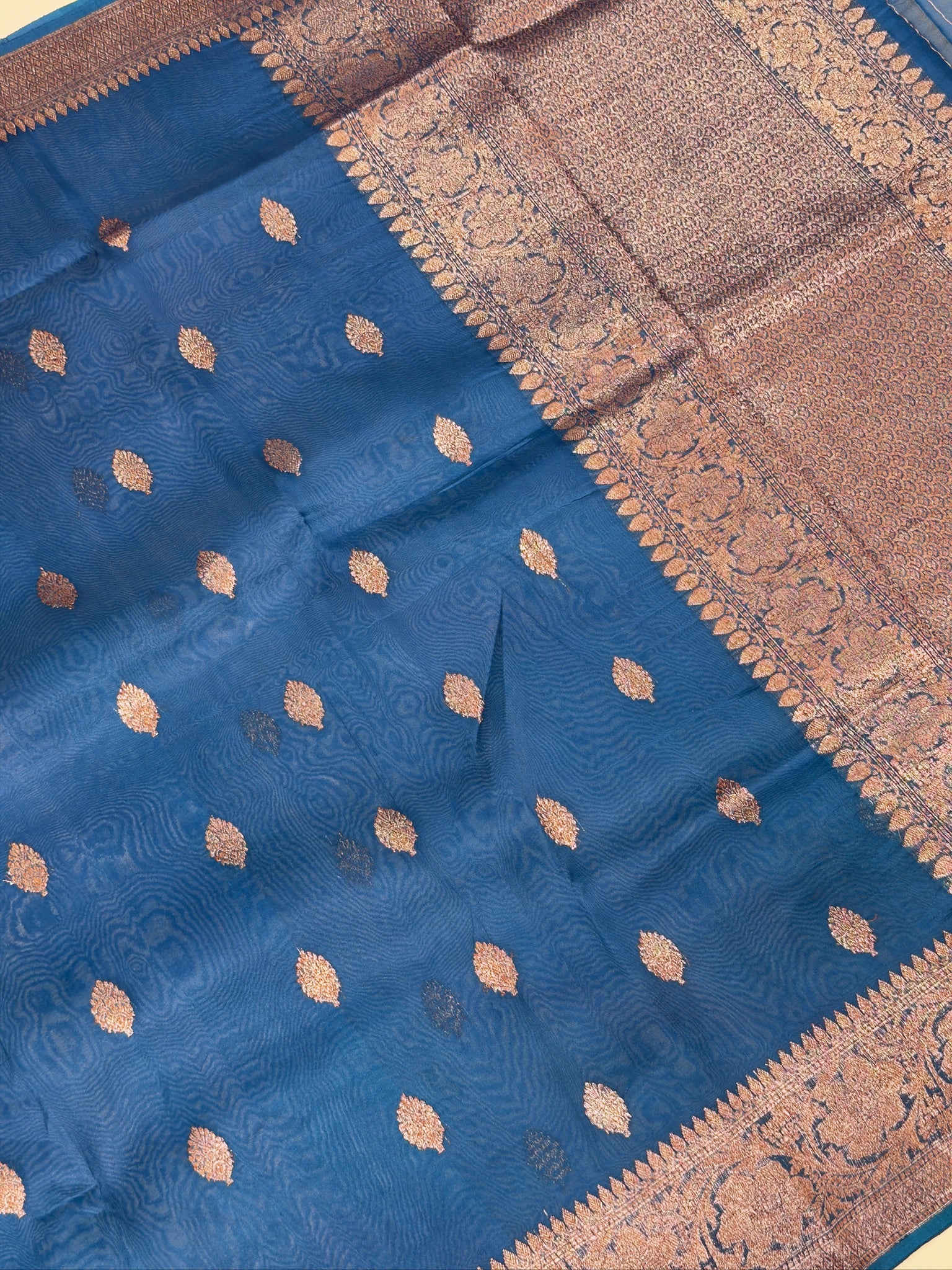 German Blue Handwoven Kora Silk Saree