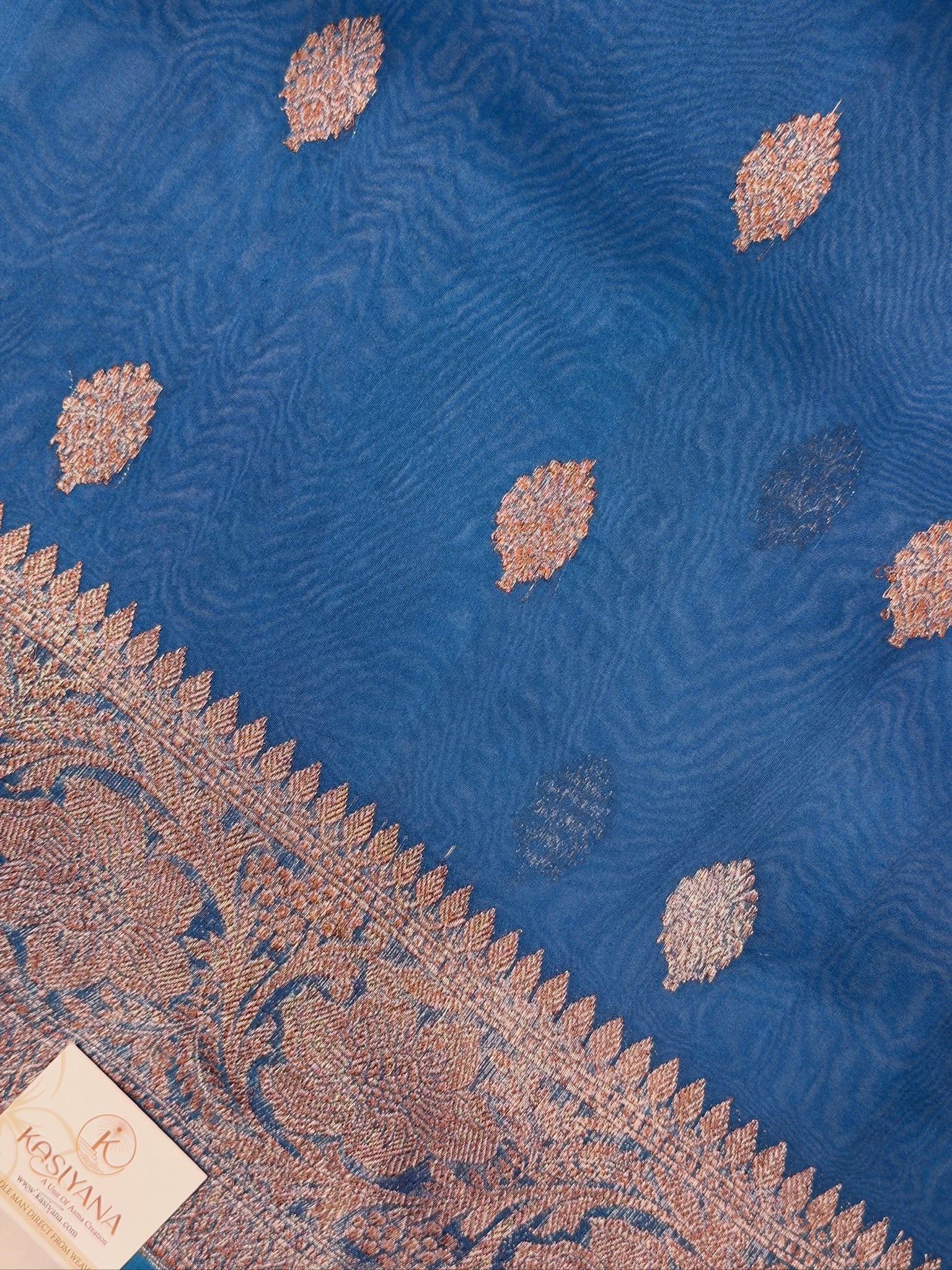 German Blue Handwoven Kora Silk Saree