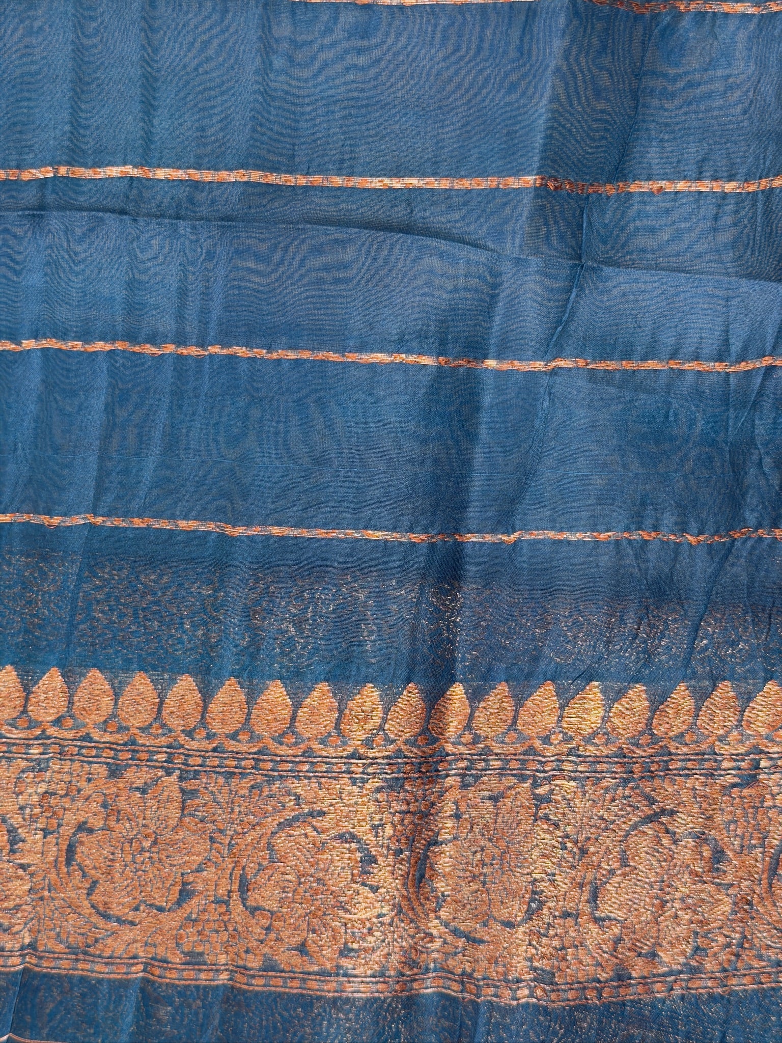 German Blue Handwoven Kora Silk Saree