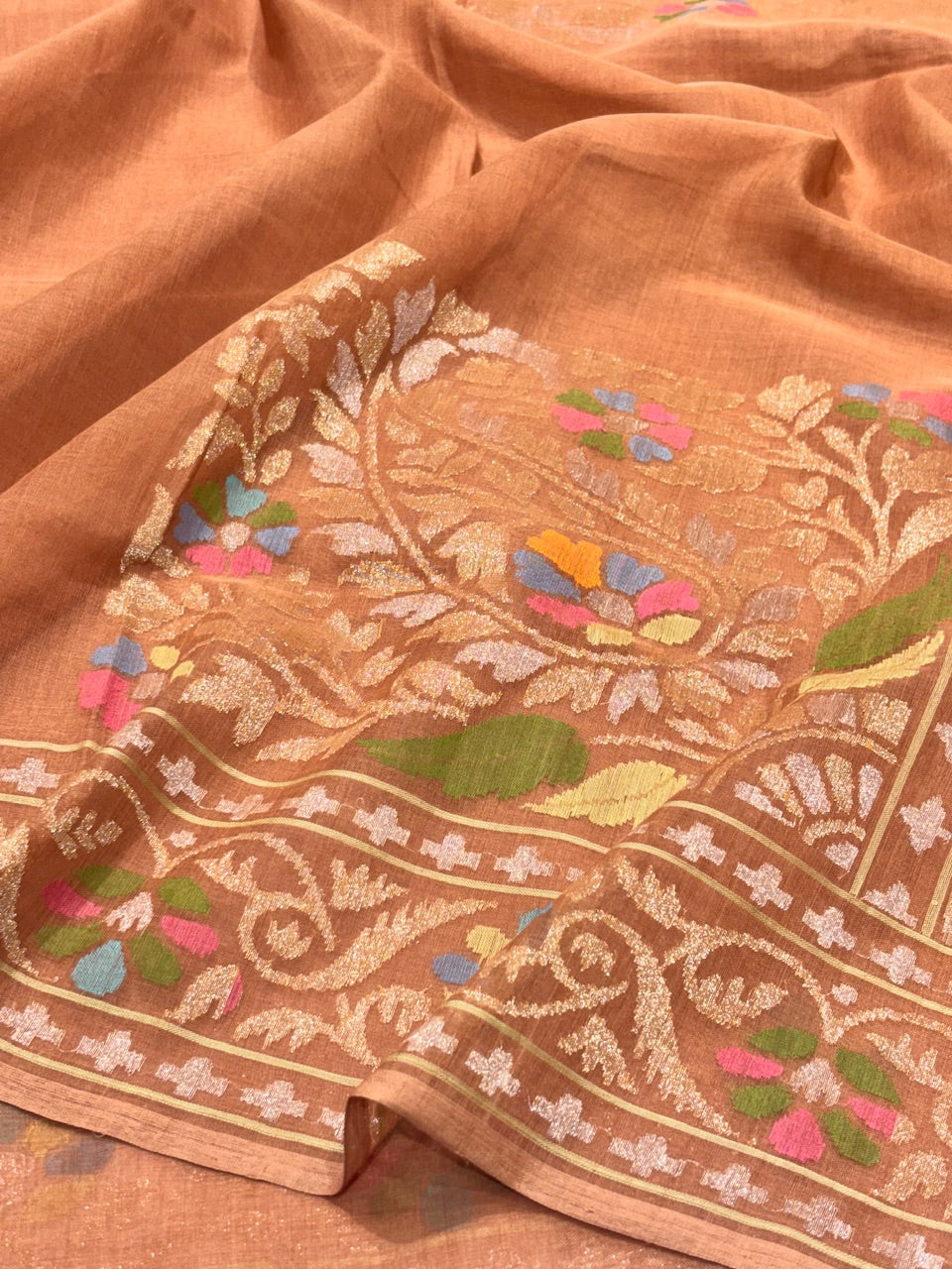 Natural Copper Peach Pure Cotton Jamdani Real Gold Silver Zari Handwoven Saree