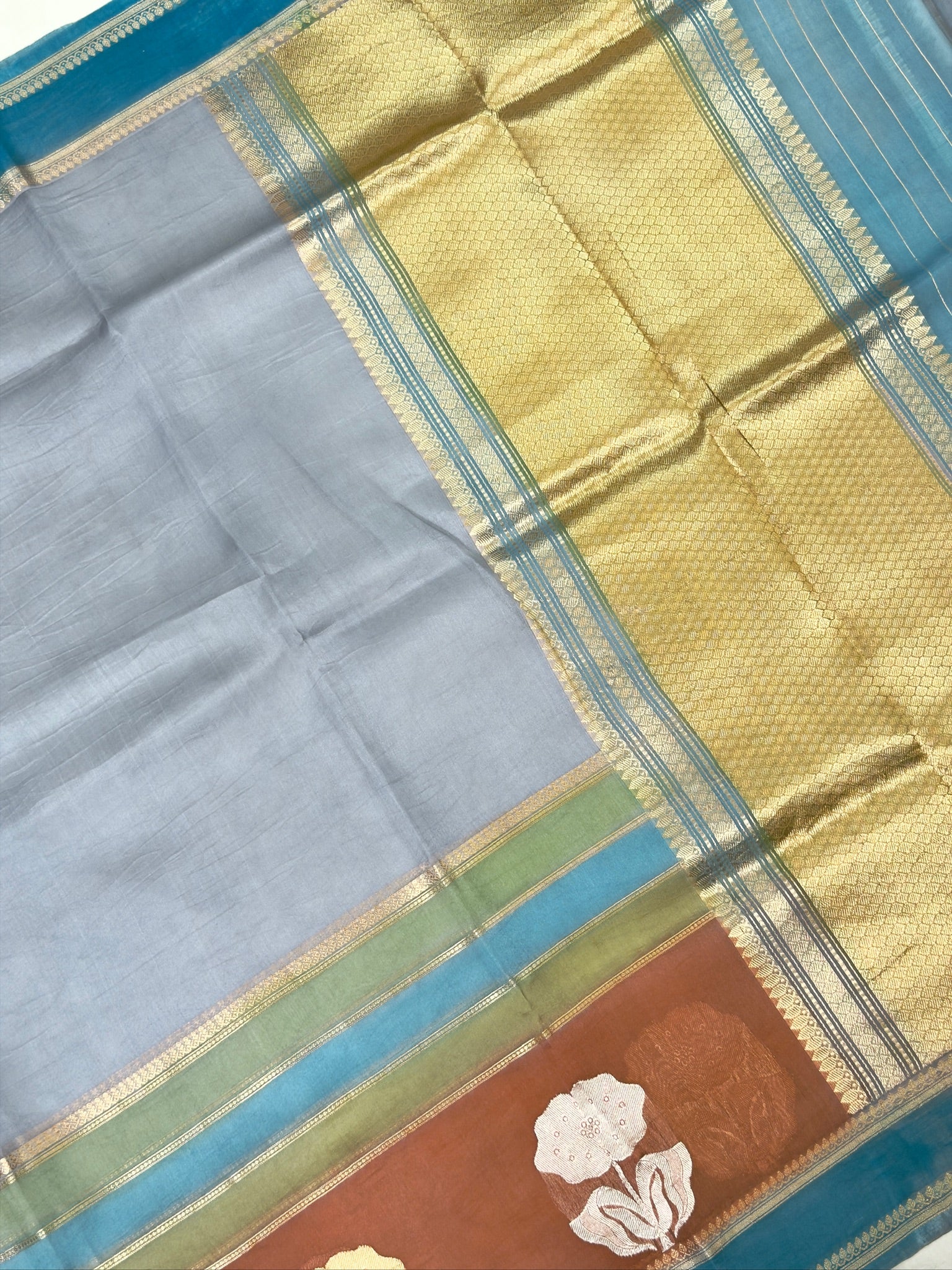 Grey Handwoven Rangkaat Kora Silk Saree