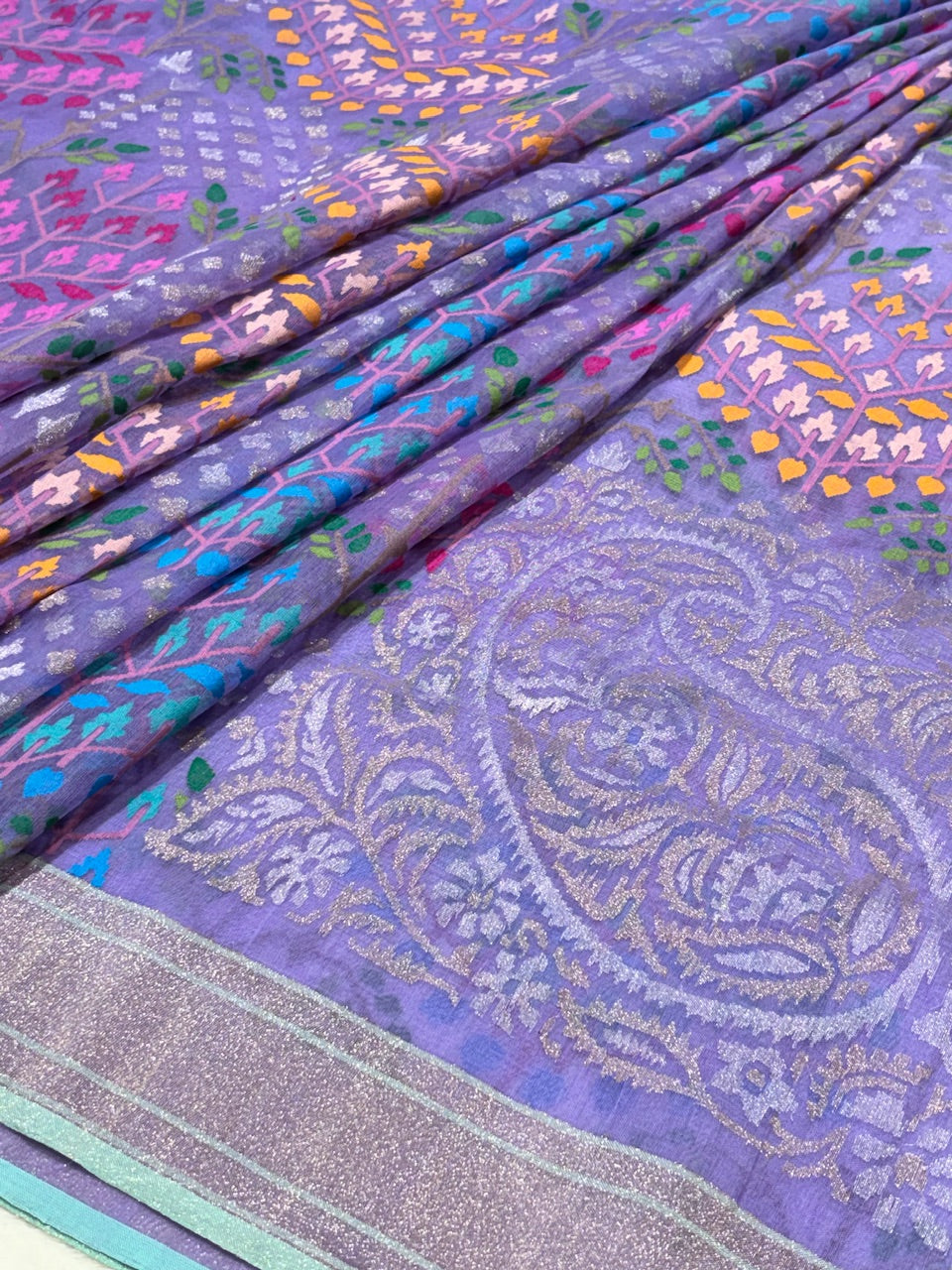 Lavender Pure Cotton Jamdani Real Gold Silver Zari Handwoven Saree